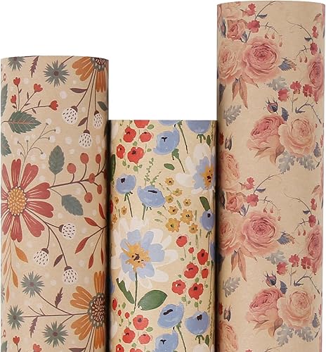 Aimyoo Paquete de papel de regalo floral de estraza, flores de primavera vintage, papel de regalo para bodas, despedidas de soltera, cumpleaños, 3