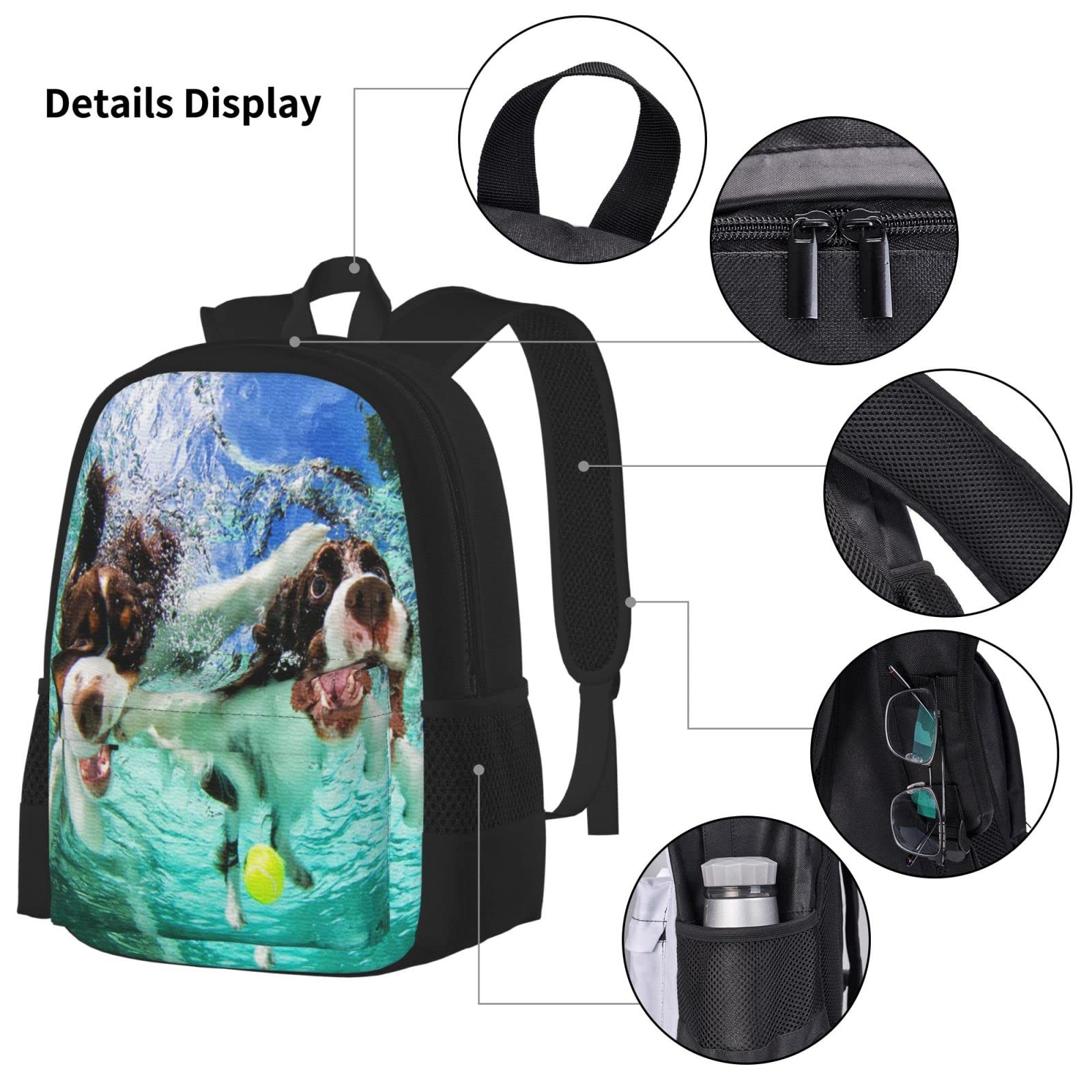 Set di 3 zaini con cani subacquei e cani che nuotano, borsa, astuccio e borsa per il pranzo, per uomini, donne, ragazzi e ragazze.