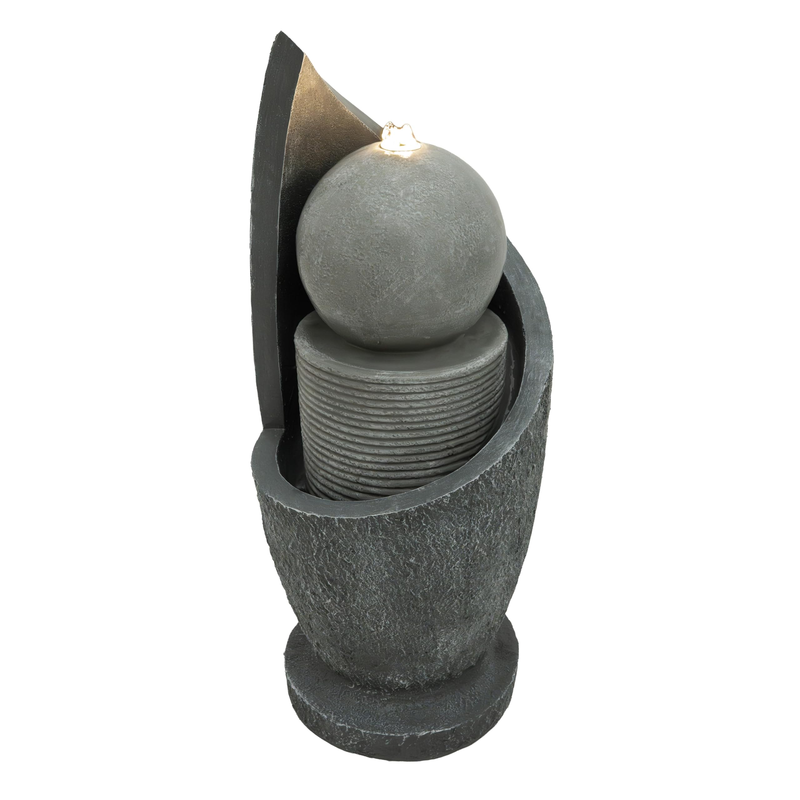 Fontaine de Jardin Cascade Électrique Extérieure Polyresine Gris 4 Lumières LED Blanc Chaud Pompe à Brancher Câble de 7 m Statue Droit Décor Maison Terrasse Zen Cascade [Brosse de Nettoyage INCLUS]