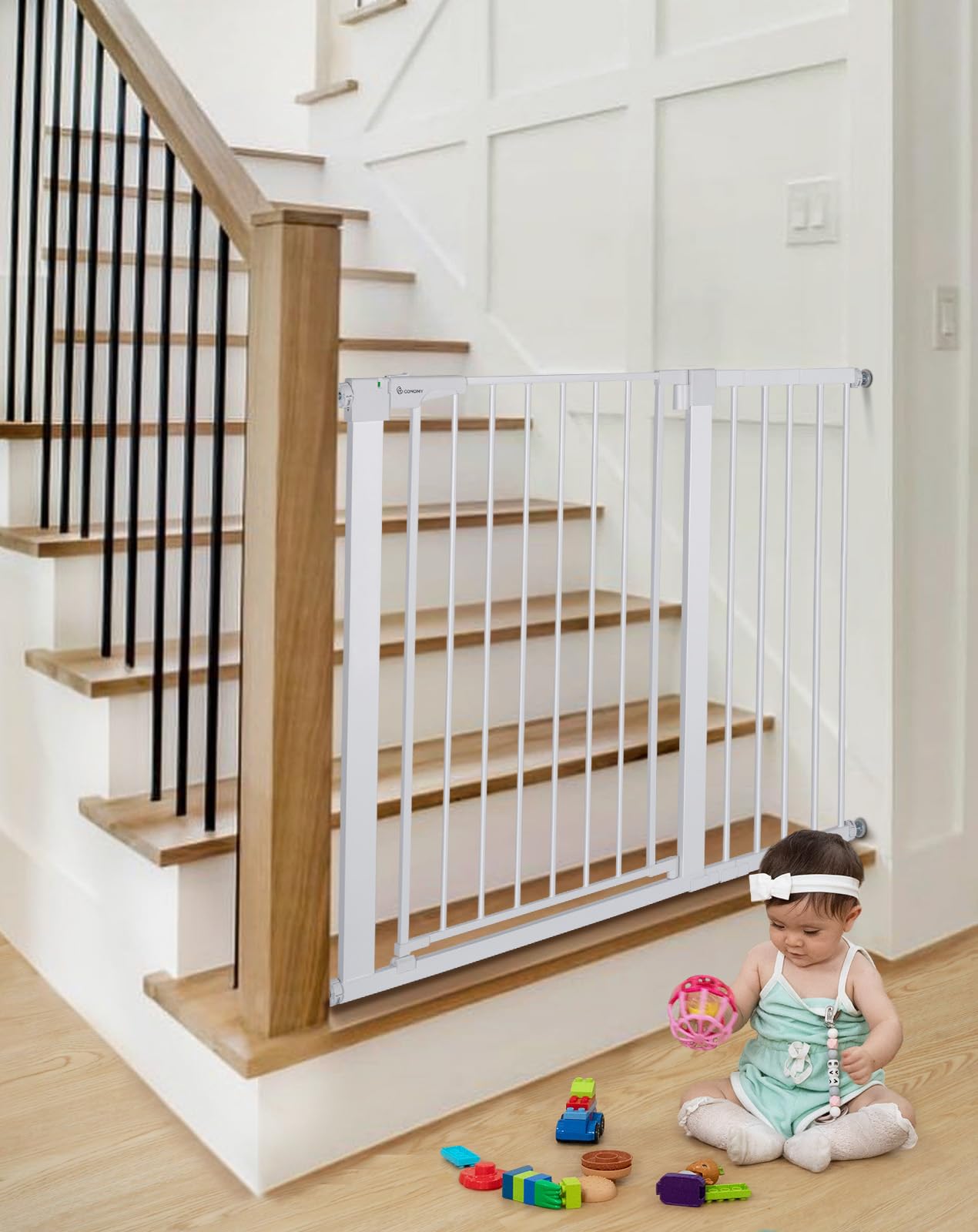 COMOMY 91,5cm Cancelletto per cani Extra Alto, per Scale e Porte, 75 a 103cm di Larghezza, Montato a Pressione Cancellino Bambini di Sicurezza Extra Largo a Chiusura Automatica per Casa, Bianco