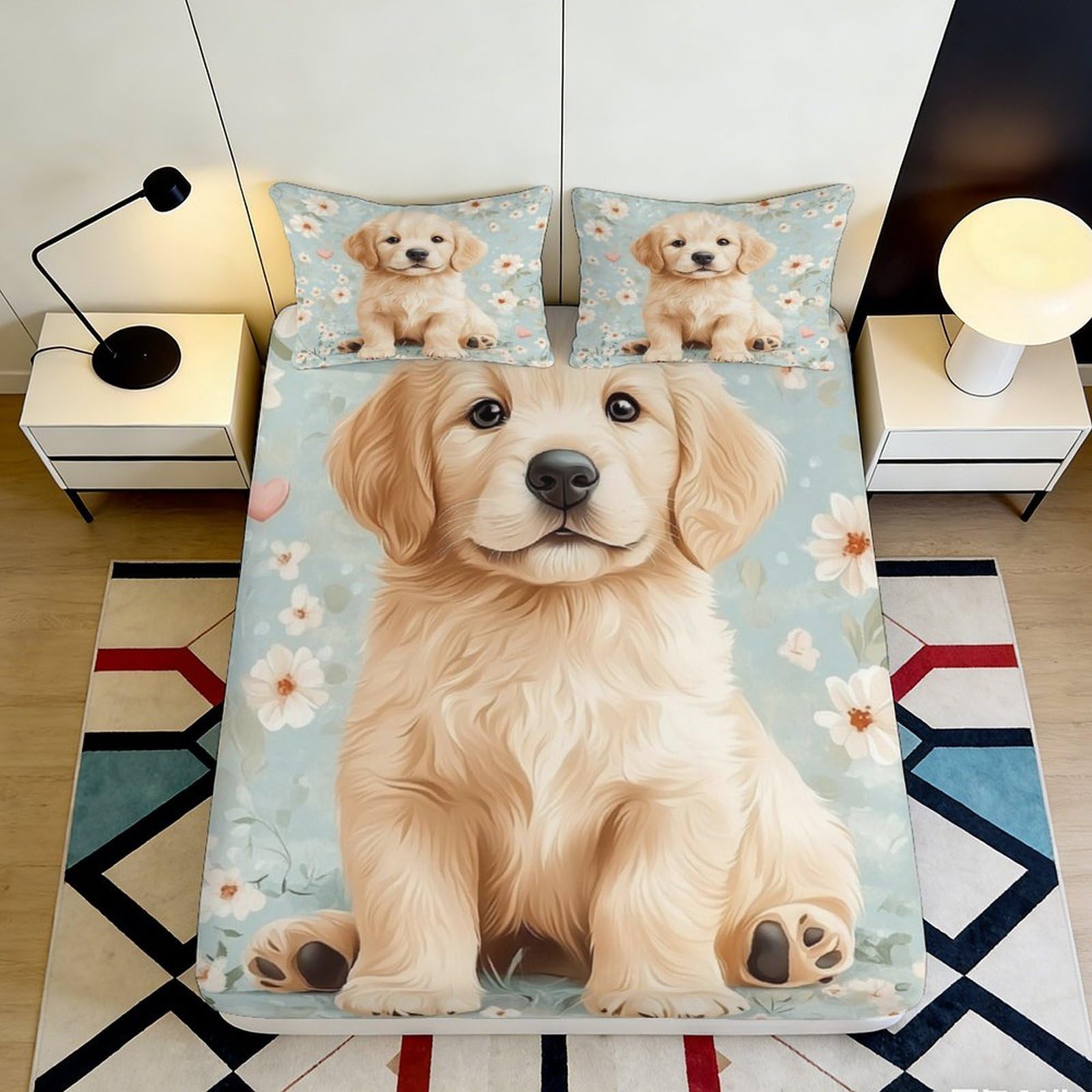 3D Printed Golden Retriever Puppy Fitted Sheet Microfiber Anti-Slip Floral Bed Cover for Bedroom Guest Room Mattress Protection 200x200x25cm