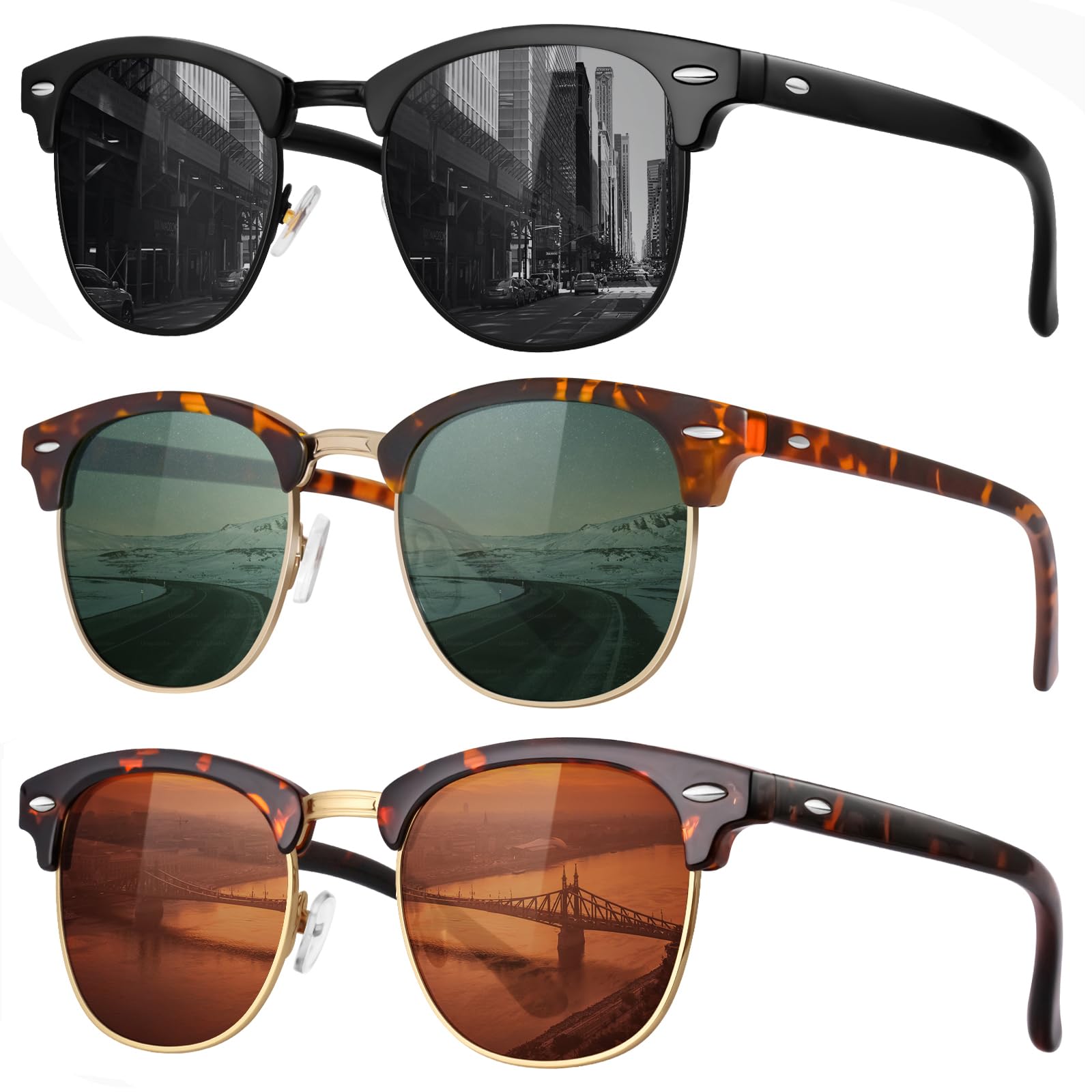 Classic Polarized Sunglasses for Men and Women Retro Style Semi Rimless Frame Sun Glasses 100% UV Protection Goggles