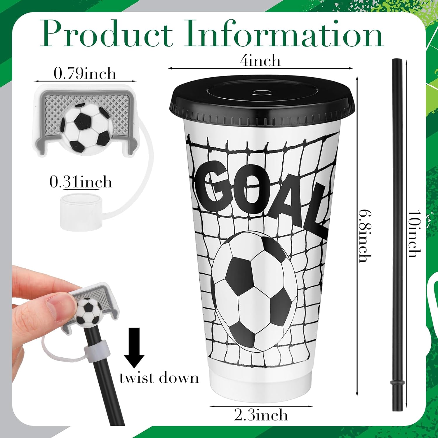 Domensi 12 Pcs Soccer Plastic Tumbler with Lid and Straw 24oz Reusable Plastic Cups with Straw Cover Caps Gifts for Fan Friend Guest Birthday Office Christmas Sport Party Supplies (Black White Soccer) - Image 2