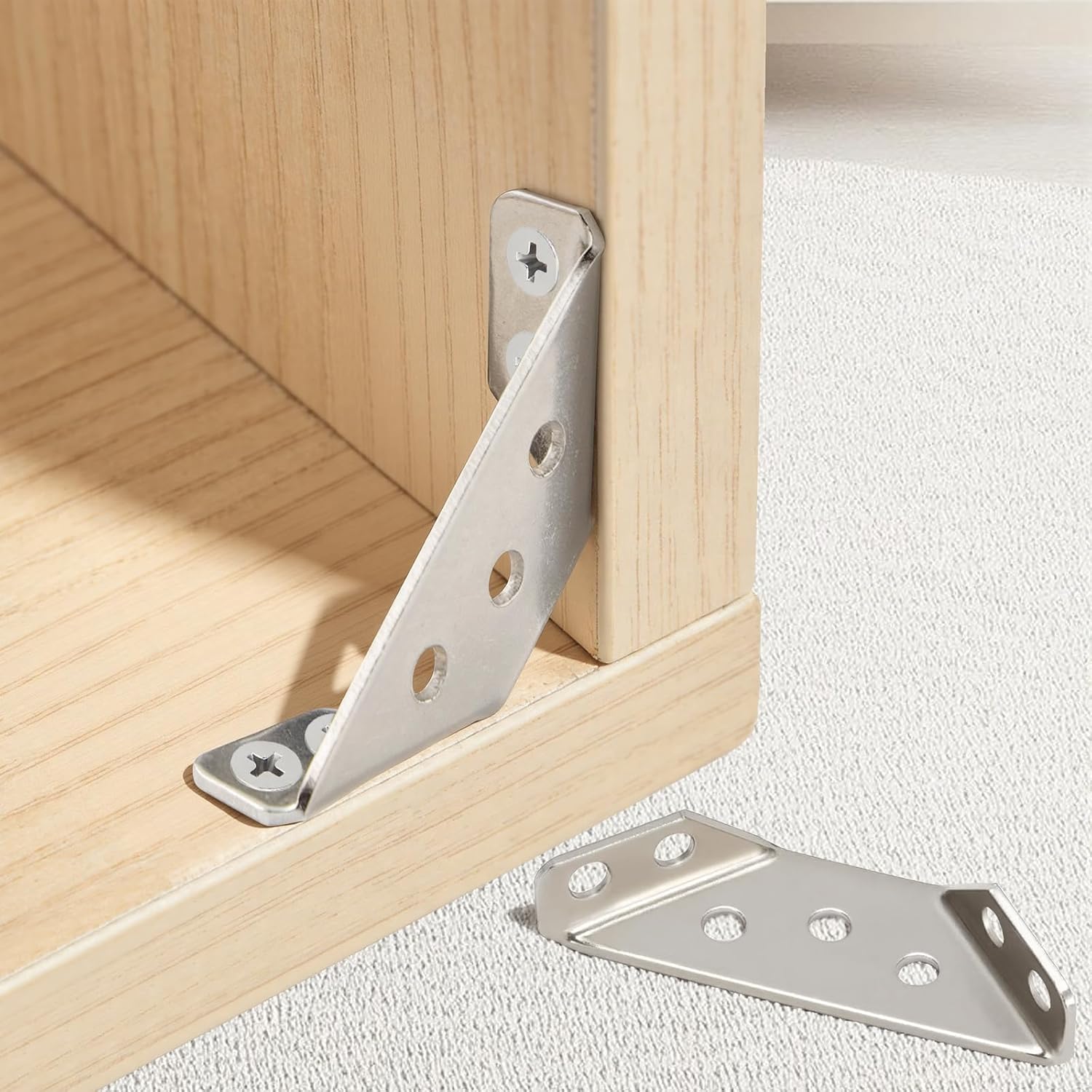 Heavy Duty Stainless Steel Corner Brackets, 90 Degree Right Angle, 4-Pack with 28 Screws, 2.56 x 1.25 Inch Triangle Furniture Connectors, Metal Frame Support