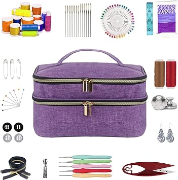 Sewing Supplies Storage Bag Large Capacity Designed Double-Layer | Structure with Multiple Pockets and Compartments Inside DIY & Well Organized Waterproof Protective Convenient Purple