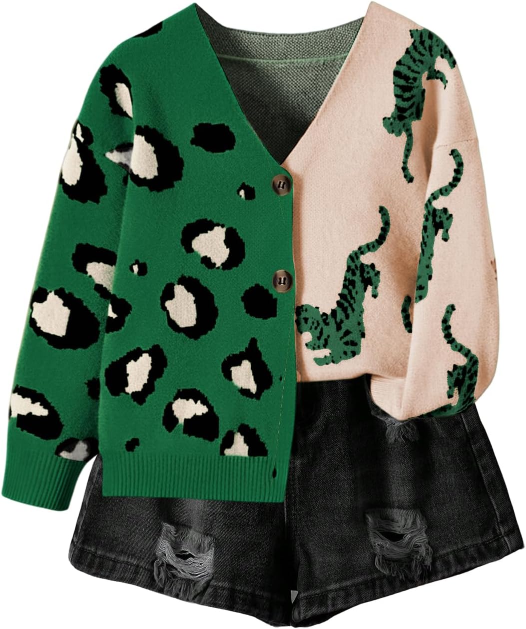 WDIRARA Girl's Leopard Animal Print Button Down Cardigan Sweater Color Block V Neck Knit Outerwear