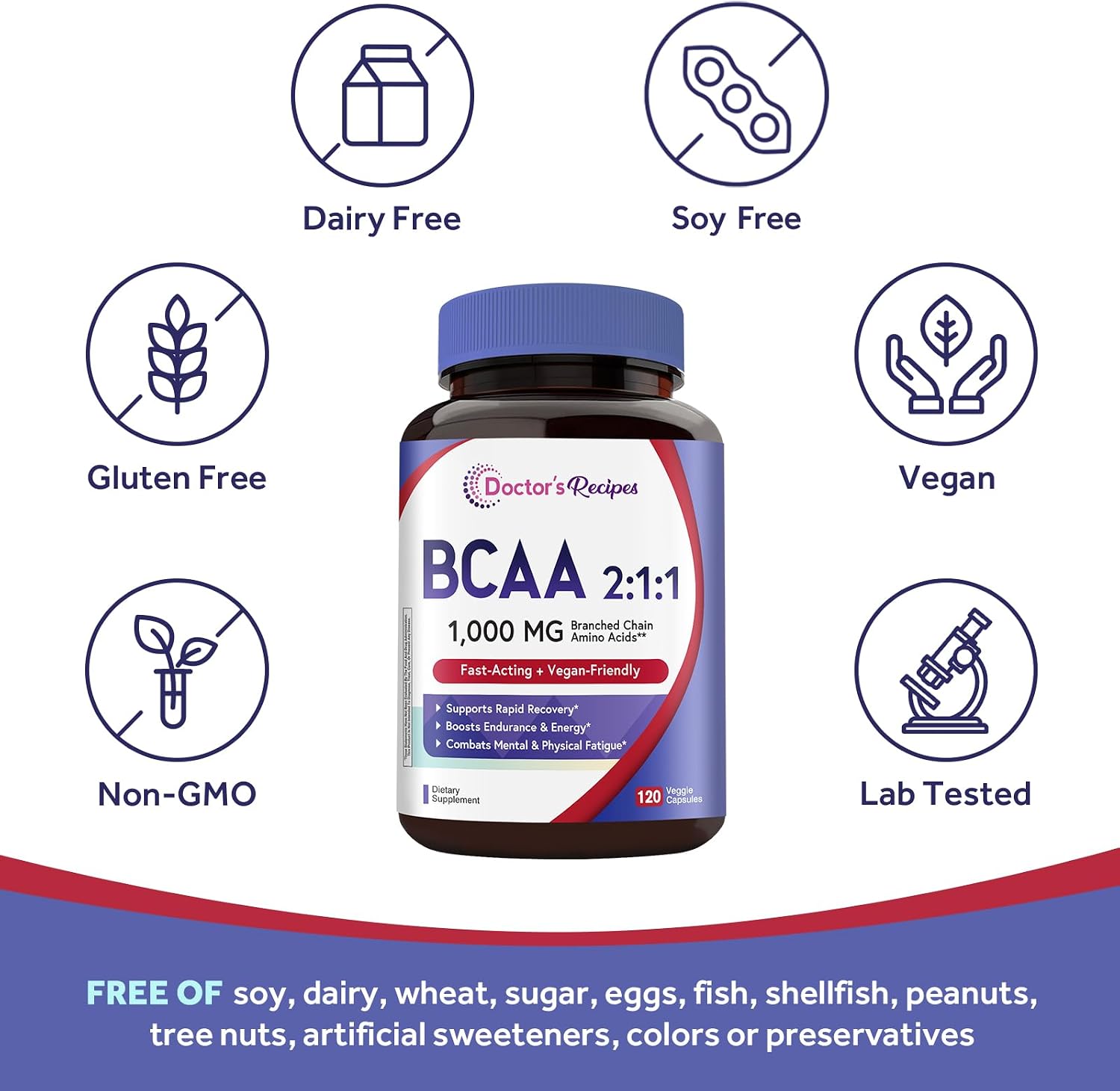 Doctor's Recipes BCAA 1000 mg, 2:1:1 Ratio, L-Leucine, L-Isoleucine, L-Valine, Branched Chain Amino Acids, Fast Recovery, Endurance, Energy, Vegan, 120 Capsules image 5