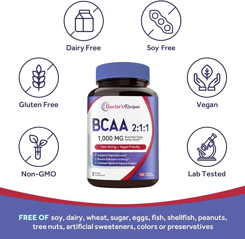 Doctor's Recipes BCAA 1000 mg, 2:1:1 Ratio, L-Leucine, L-Isoleucine, L-Valine, Branched Chain Amino Acids, Fast Recovery, Endurance, Energy, Vegan, 120 Capsules image 5