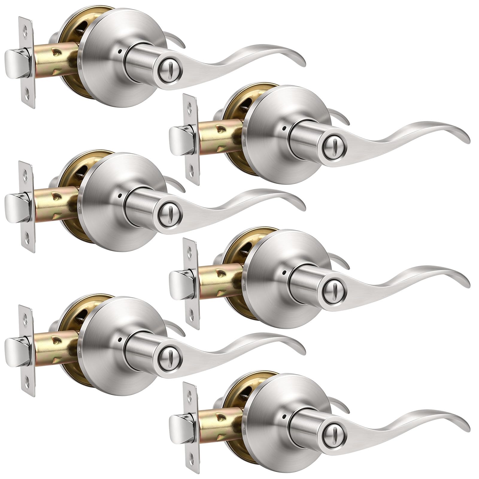 Mengico 6 Pack Satin Nickel Privacy Door Lever, Modern Interior Door Knobs Locks for Bedroom and Bathroom, Heavy Duty Door Handle, Reversible Wave Lever Handle