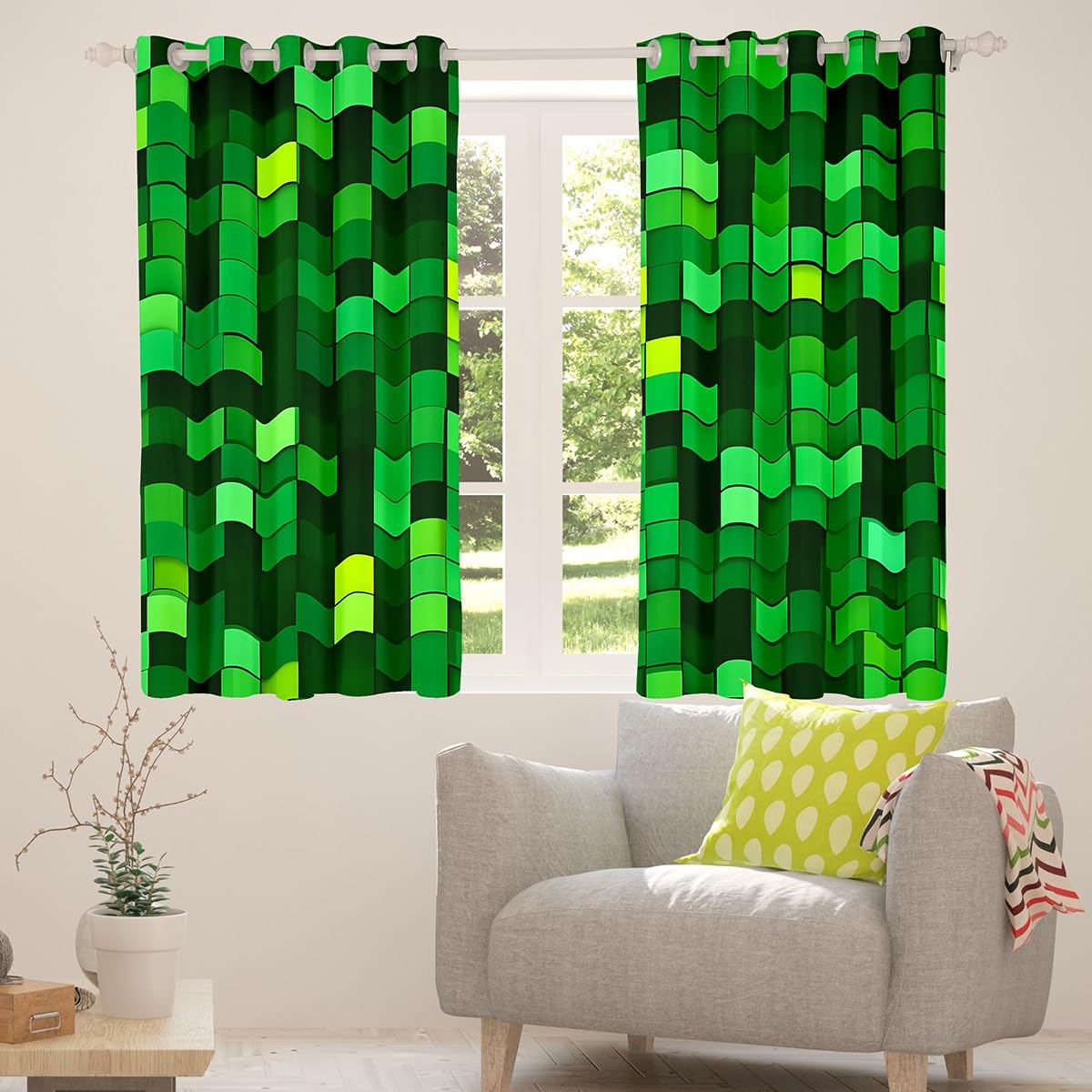 Manfei Pixelated Blocks Miners Rideaux occultants pour fenêtre de jeux vidéo Motif géométrique Patchwork Chambre à coucher Salle de jeux Vert 2 panneaux 117 x 137 cm