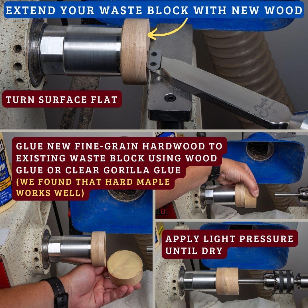Simple Woodturning Tools Glue Hub with Threads to Hold Wood Blanks, optional hardwood waste block, Aluminum, Threaded (1.25"-8 Threads with Waste Block)