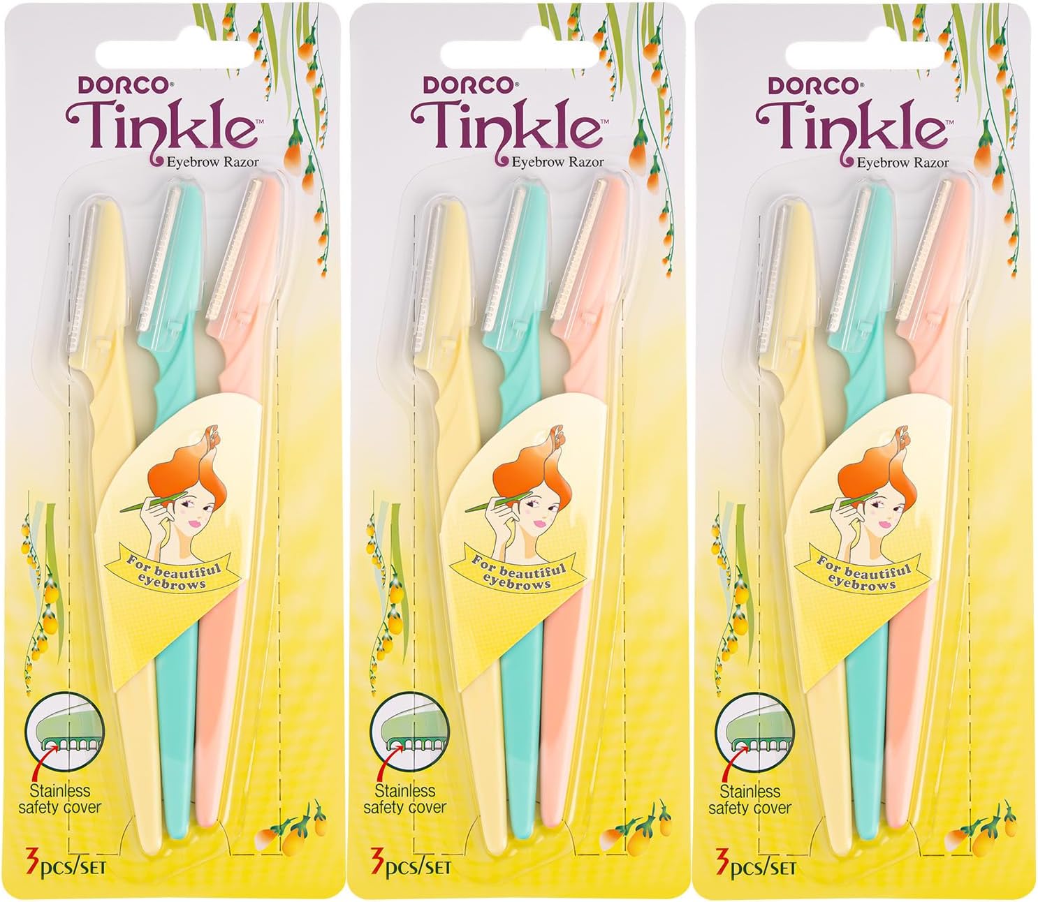 Tinkle Dermaplaning Tool 9ct, Dermaplane Razor for Women, Safe and Easy Peach Fuzz Remover, Eyebrow Trimmer with Protective Cover (3 Packs of 3), Stocking Stuffers