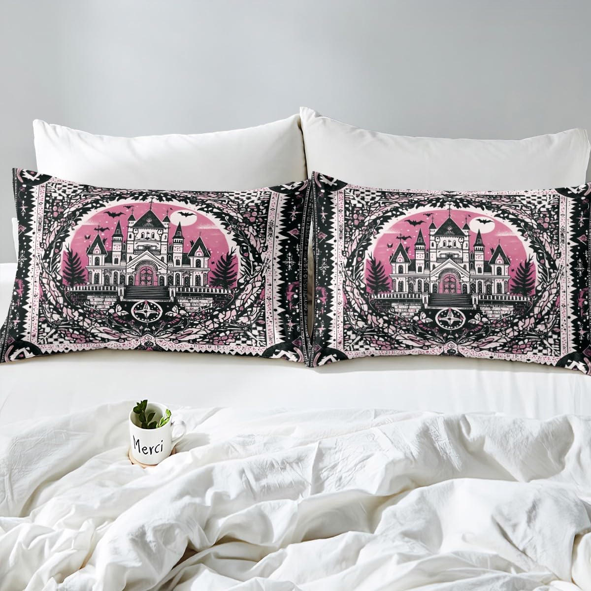 Mystic Castle Duvet Cover Set Toddler Size,Pink Black Gothic Halloween Princess Style Bedding Set,Exotic Boho Moon Sky Geometric Patchwork Comforter Cover(No Filler) for Kids,2 Pcs
