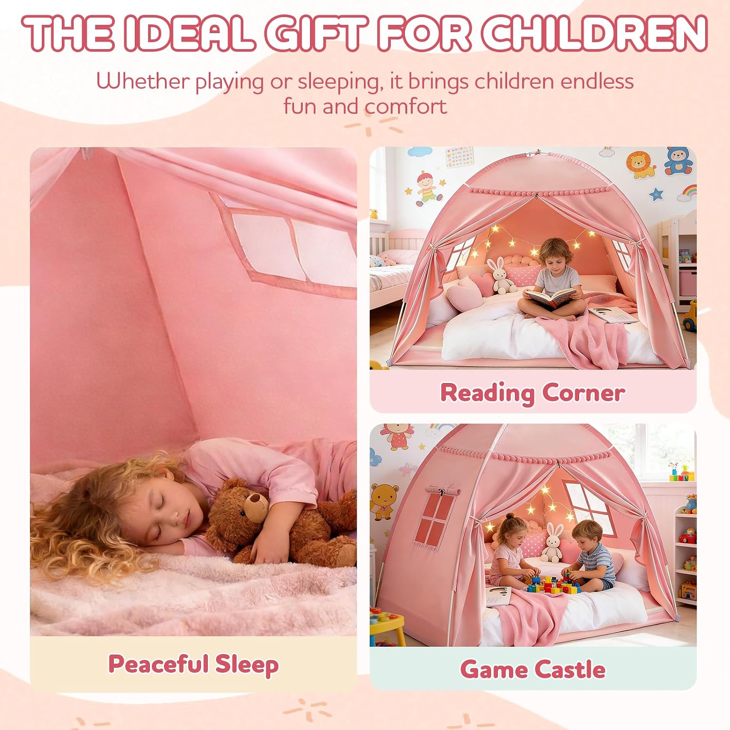 Twin Bunk Bed Tent Canopy for Kids Playhouse, Indoor Portable Foldable Privacy Shelter with Breathable Starry Canopy for Girls & Boys Bedrooms (Twin Pink)