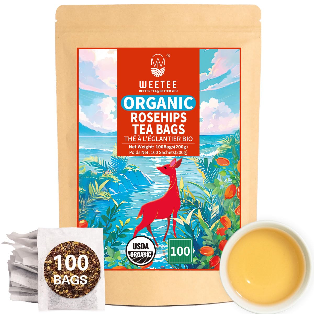WT WEETEE Organic Rosehips Tea Bags, Made with 100% Natural & Pure Crushed Rose Hips, Natural Caffeine-free Herbal Tea 2g x 100 Counts