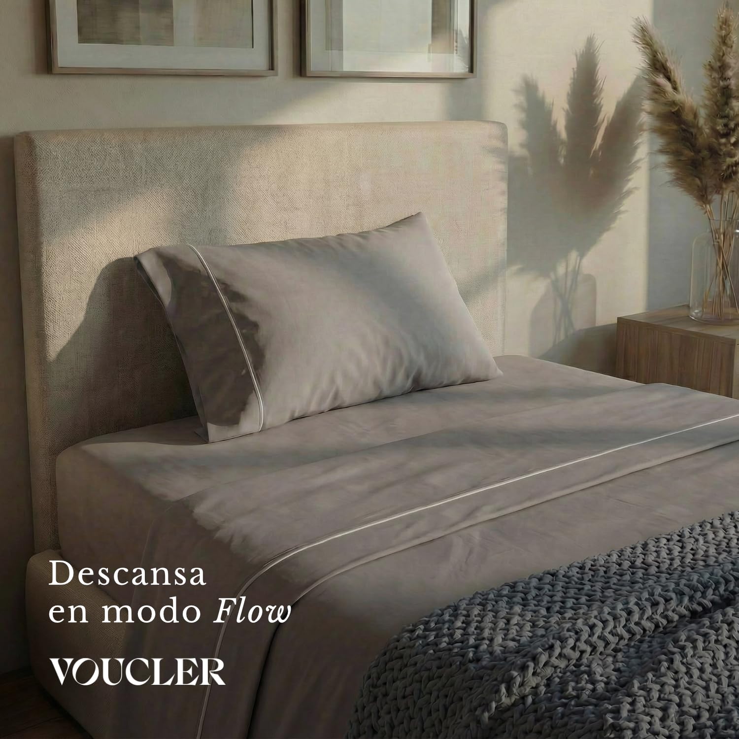 Flow – Pack 3 Juego de Sabanas Percal – Sabana Bajera 135x200x30 Cm Grey – Sabana Encimera 210 x 280 Cm y Fundas Almohadas 45 x 135 Cm, 100% Algodon Fresco 180 Hilos, Oeko-Tex®
