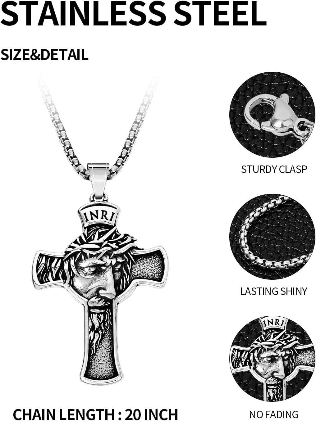 Catholic INRI Crucifix Necklace for Men & Women Stainless Steel Jesus Crown of Thorns Cross Pendant - Image 6