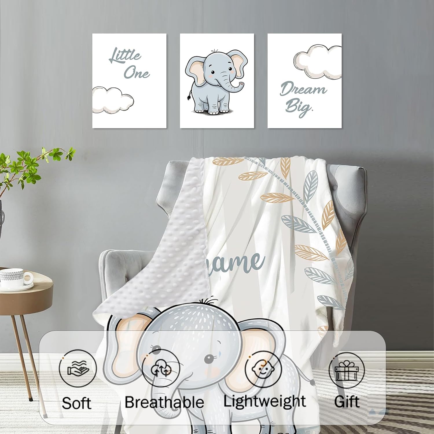 Personalized Baby Crib Bedding Set for Boys Girls, Custom Name Crib Set 4 Pcs - Minky Blanket, Fitted Crib Sheet, Nursery Rug & Wall Art, Cute Elephant Theme for Modern Baby Nursery Décor