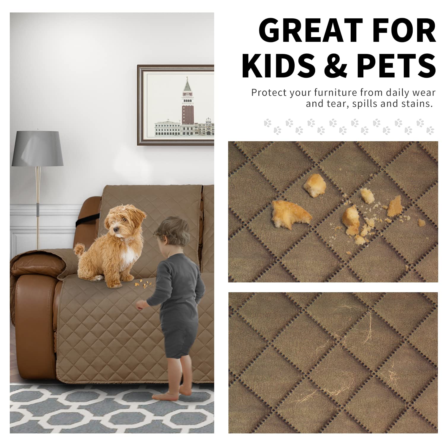 Easy-Going Oversized Recliner Sofa Cover, Reversible Couch Cover for 3 Seat Recliner, Split Sofa Cover for Each Seat with Elastic Straps for Kids, Dogs, Pets (3 Seater, Camel/Camel)