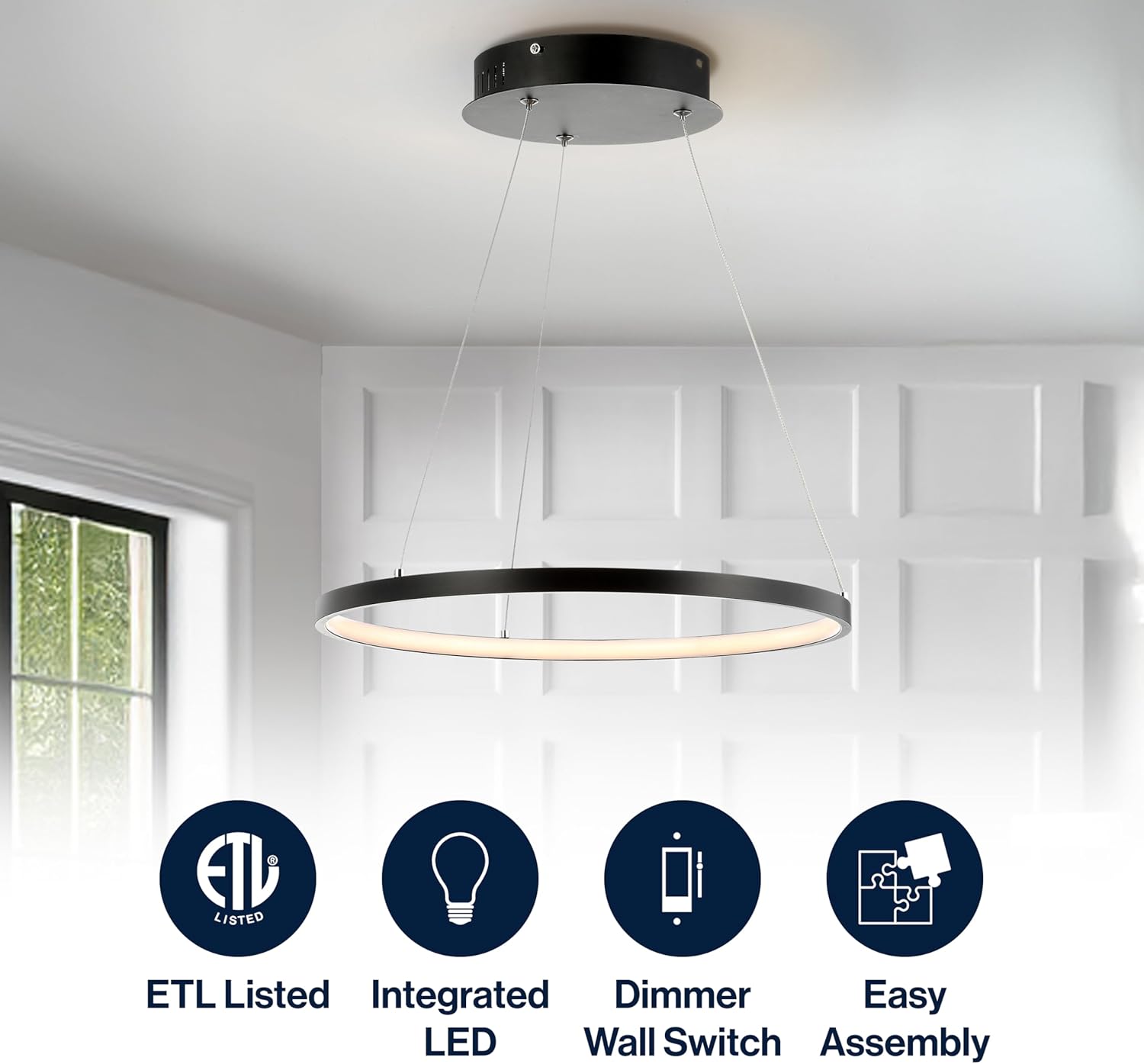 JONATHAN Y 15.75" Matte Black Modern Integrated LED Pendant Light, Dimmable Round Hoop Chandelier for Kitchen Island, Dining Room, Adjustable Height Metal Hanging Light JYL7202A