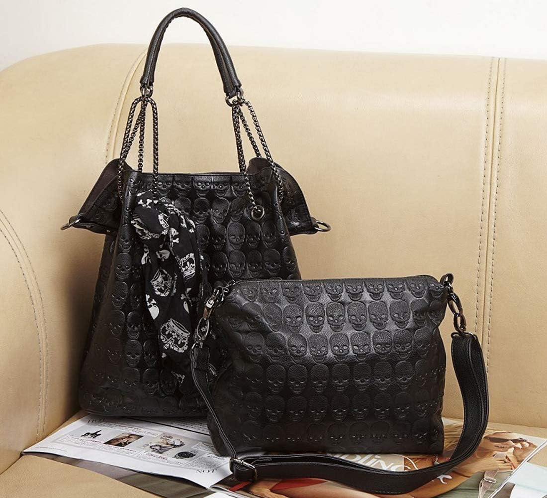 Women 2Pcs Handbag Purse Skull Top Handle Shoulder Bag PU Totes Satchel