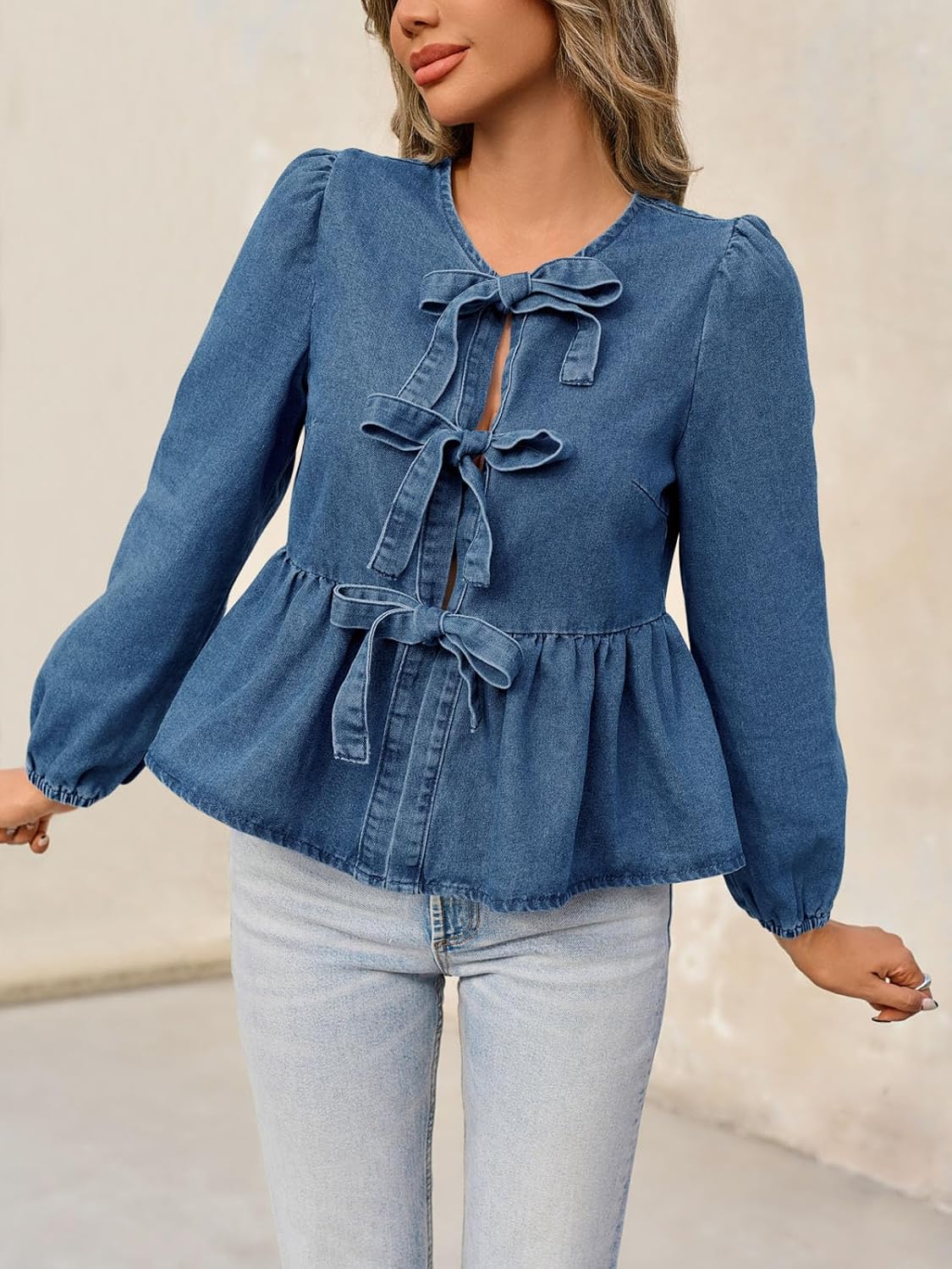 Tankaneo Womens Denim Tie Front Tops Babydoll Peplum Cute Blouse Puff Long Sleeve Going Out Jean Shirts