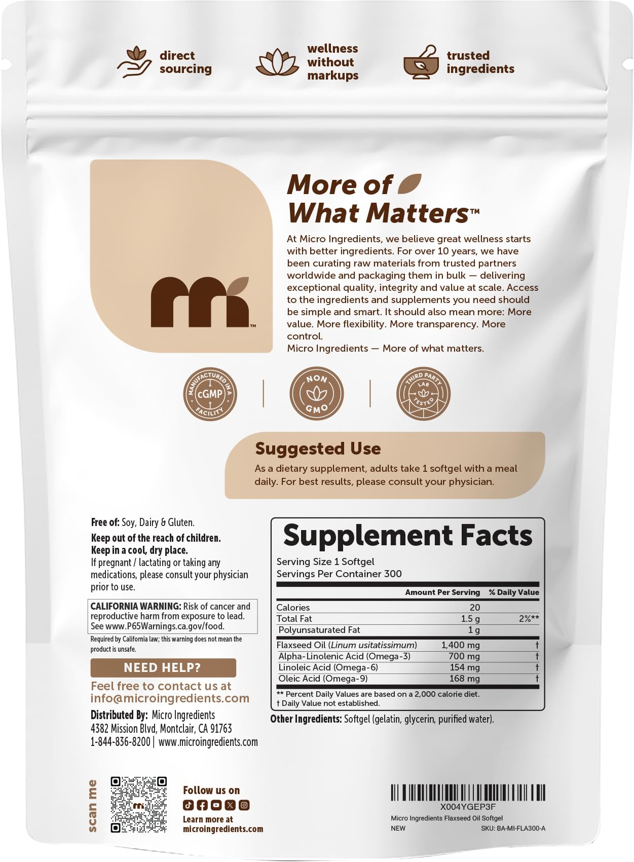 Micro Ingredients Flaxseed Oil 1,400mg Per Serving, 300 Liquid Softgels — Amazon image 7