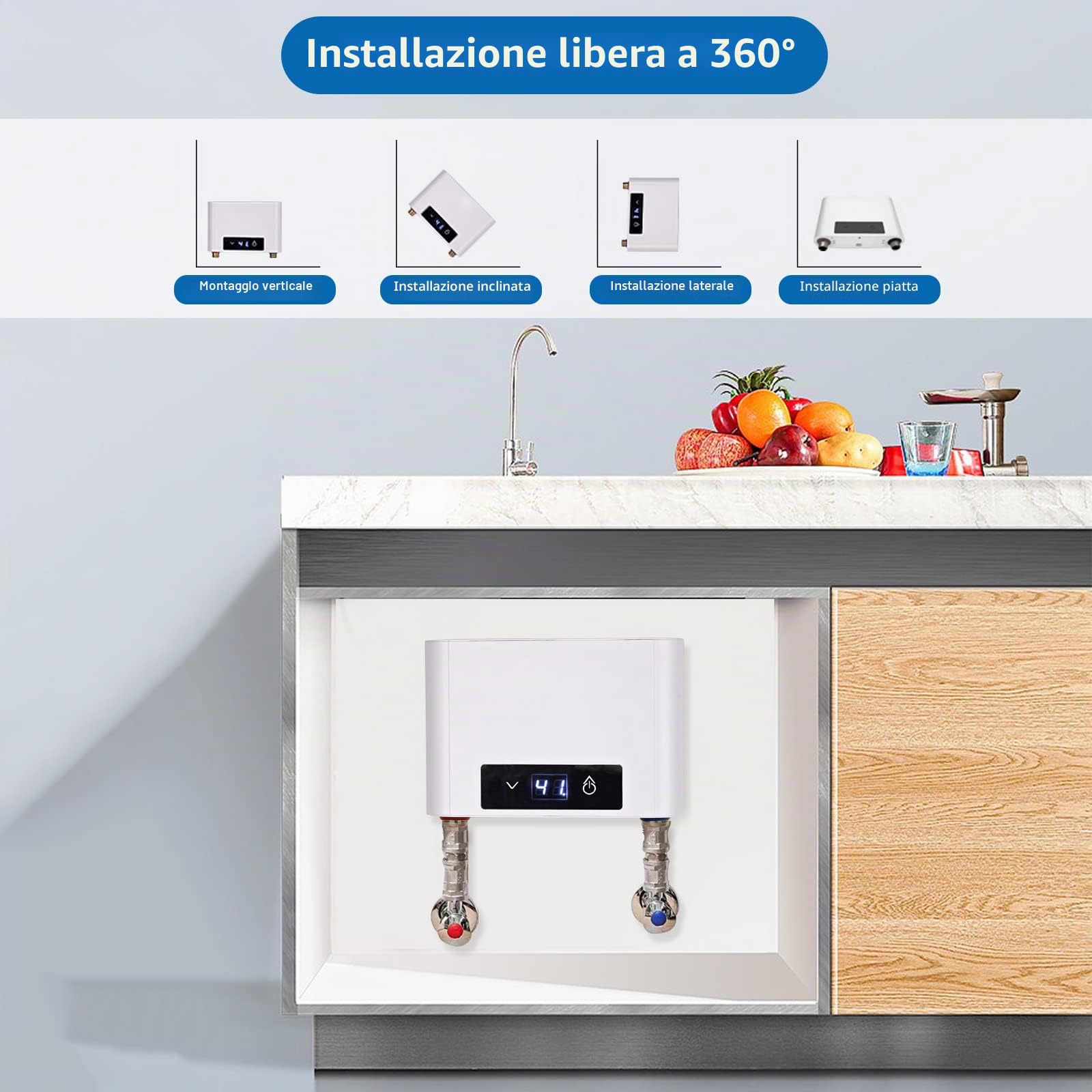 Mini Scaldacqua Elettrico Istantaneo Senza Serbatoio, Mini Scaldabagno Elettrico Istantaneo per Bagno Cucina, LED Display Grande (Bianco, 3500W senza Set Doccia)