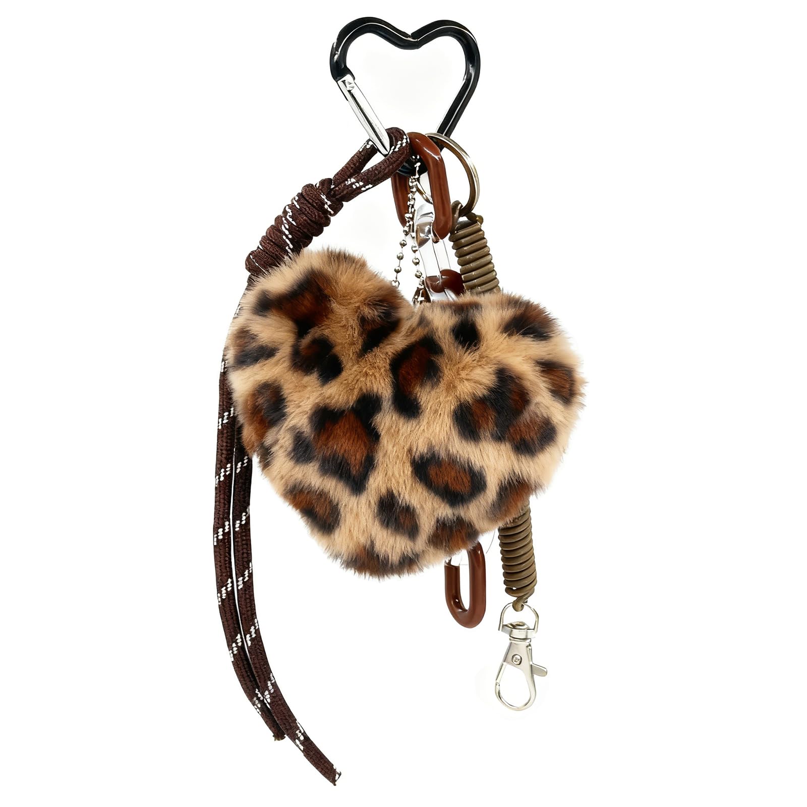 Glimbely Women's Style A Leopard Print Pom Pom Keychain, Plush Bag Charm With Leopard Heart Pendant Fluffy Handbag Backpack Keyring For (Style A)