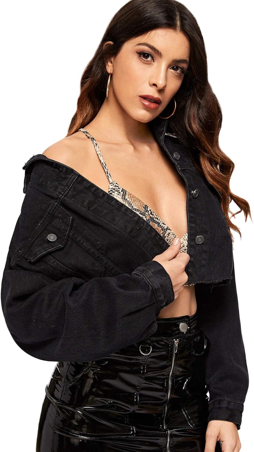 Floerns Women's Casual Drop Shoulder Ripped Crop Denim Jean Jacket