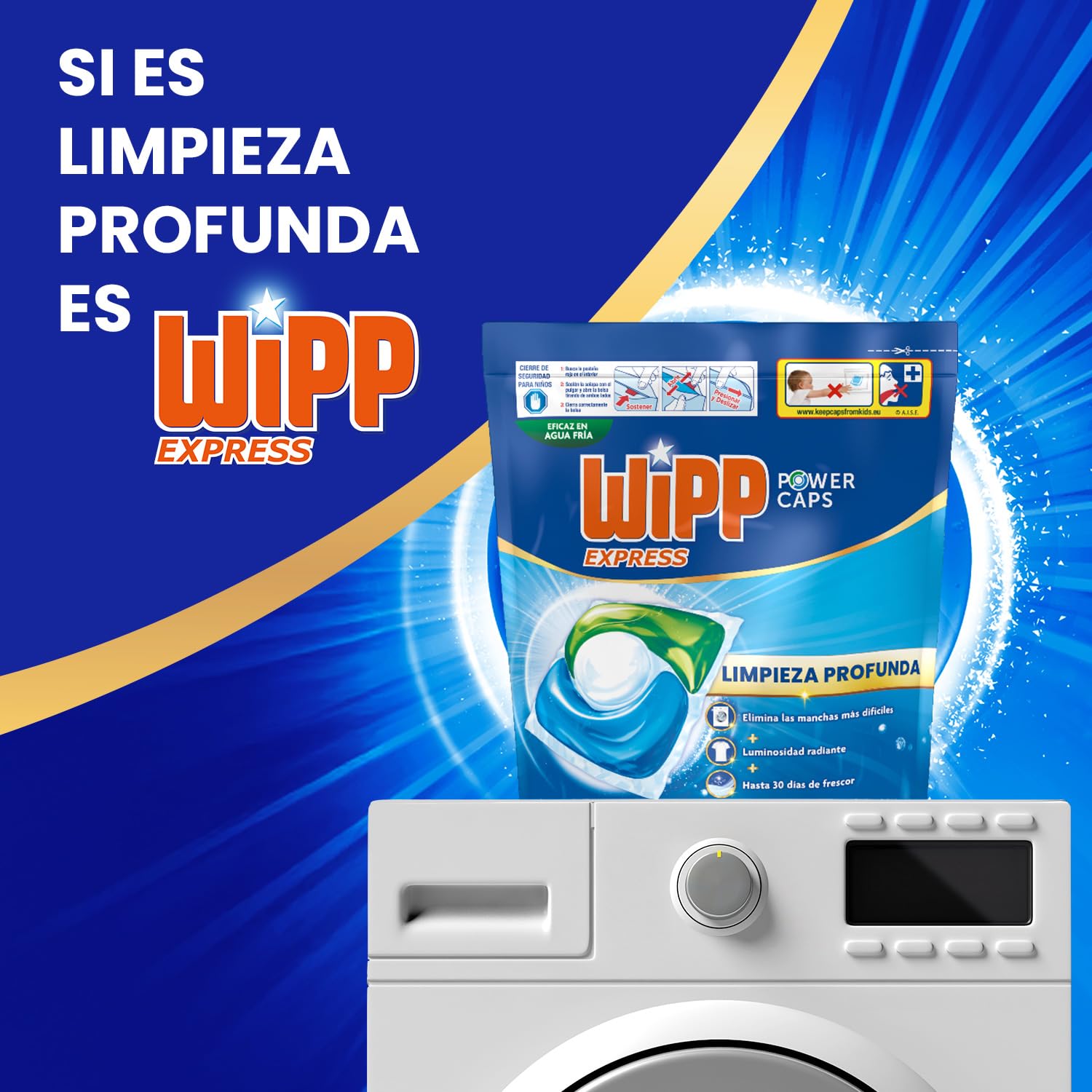 Wipp Express Power Caps (5 x 55), Detergente en cápsulas lavadora que proporciona luminosidad, pastillas lavadora para una limpieza profunda, hasta 30 días de frescor