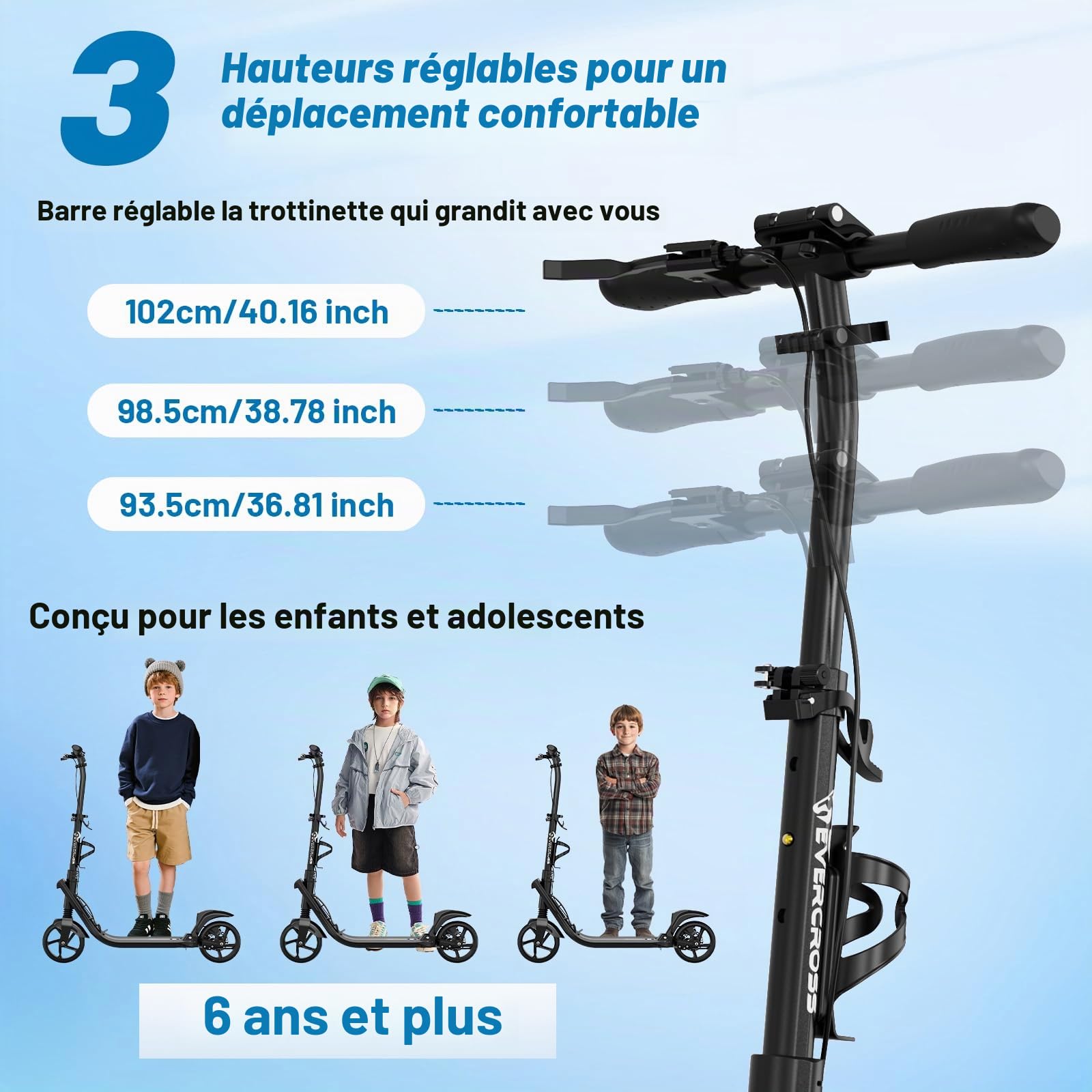 EVERCROSS K8 Stunt Scooter, Grande Roue 200mm Trottinette, Cityroller Réglable en Hauteur et Pliable, Stabiler Aluminium-Roller,Trottinette Sportive pour Enfants Jusqu'à 100kg, Double Frein