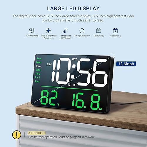 Miniatura 2 de Reloj de pared digital, reloj LED con control remoto, reloj digital con pantalla grande con fecha, semana, temperatura para decoración de sala de
