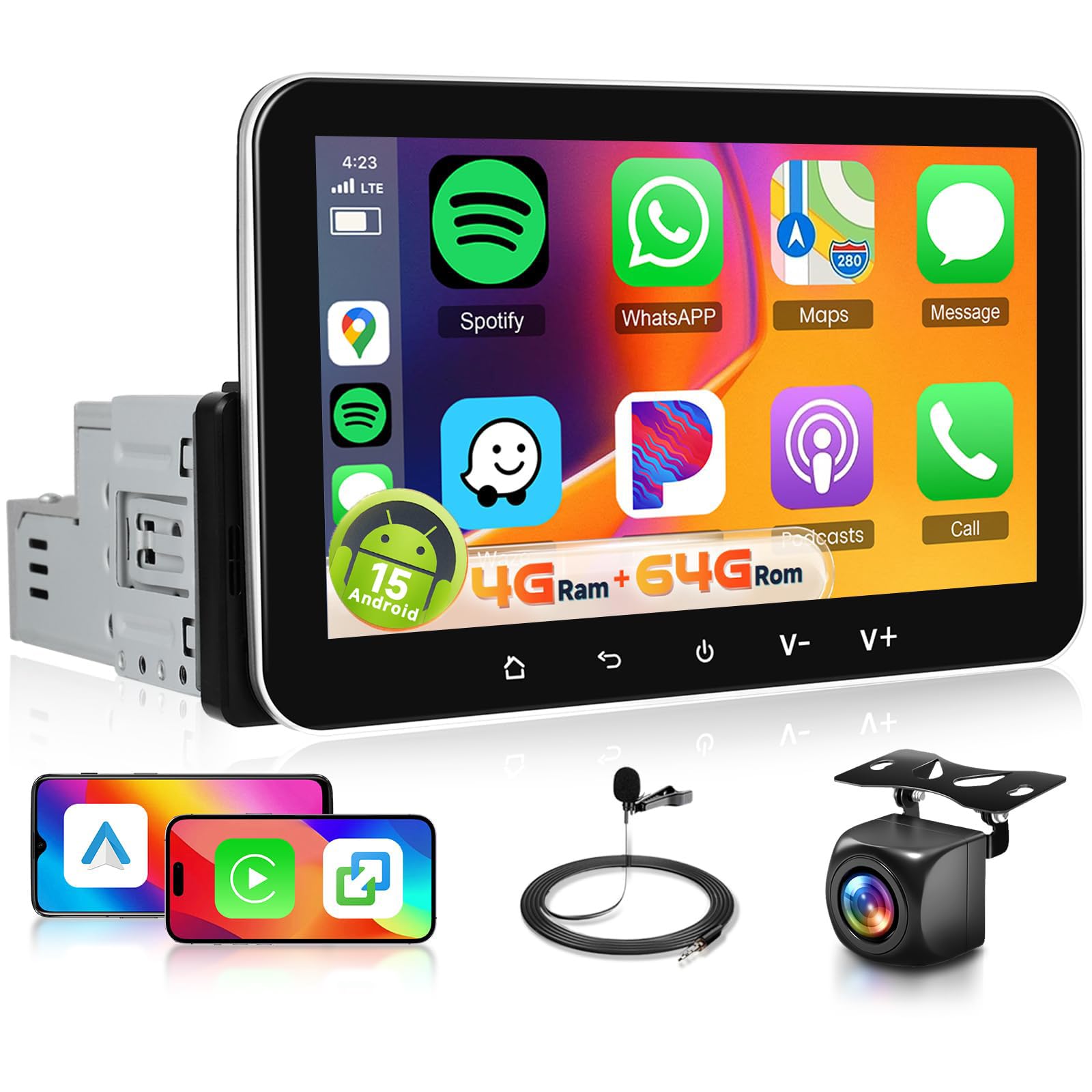 【4+64G】 Hodozzy Carplay Inalámbrica Android Radio Coche 1 DIN con Pantalla de 7 Pulgadas,Radio Coche Bluetooth 5.0 con Android Auto DSP RDS FM WiFi GPS+ Cámara de Visión Trasera