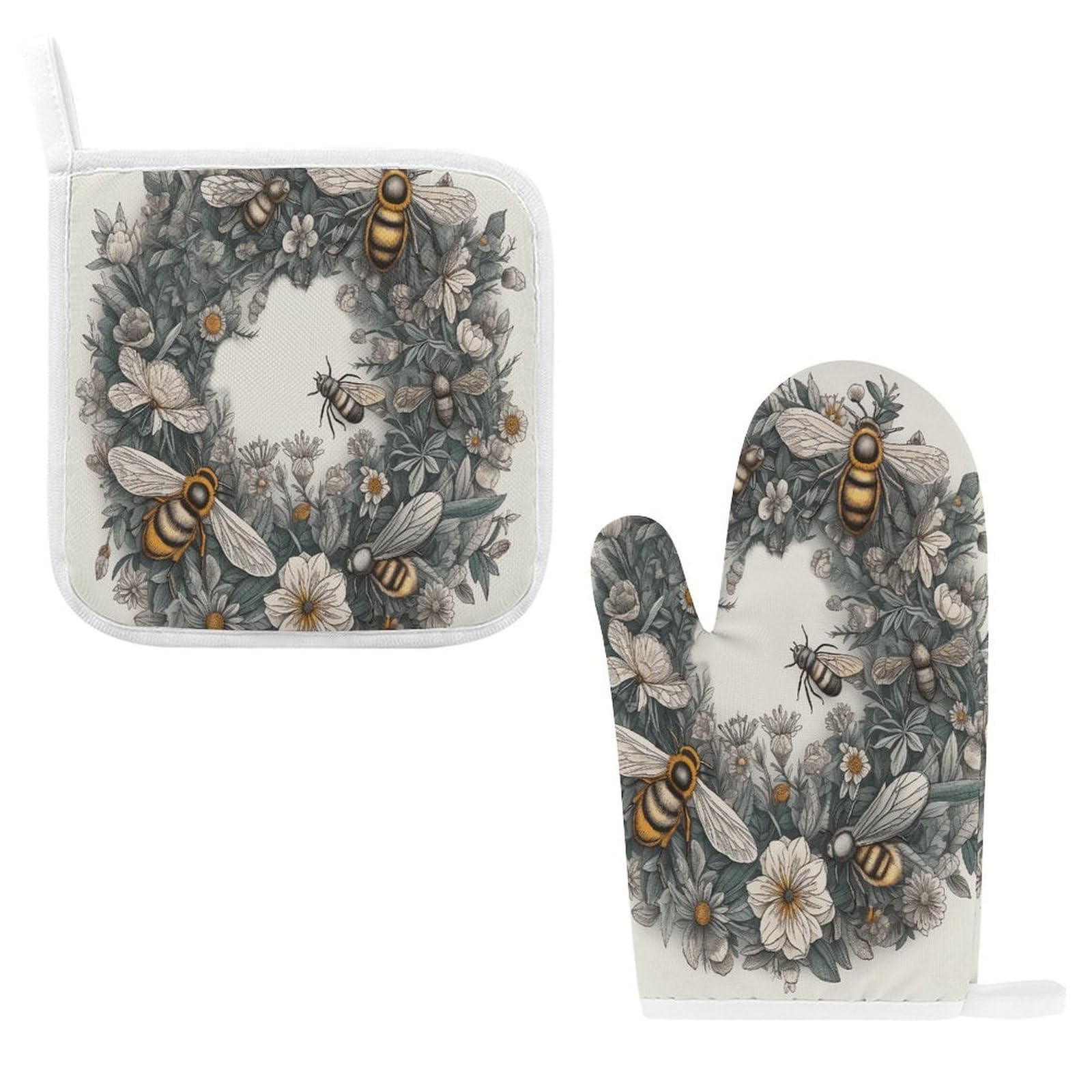Btcowzrv Style Hand Drawn Wreath And Bee Oven Mitts And Pot Holders 2Pcs Set