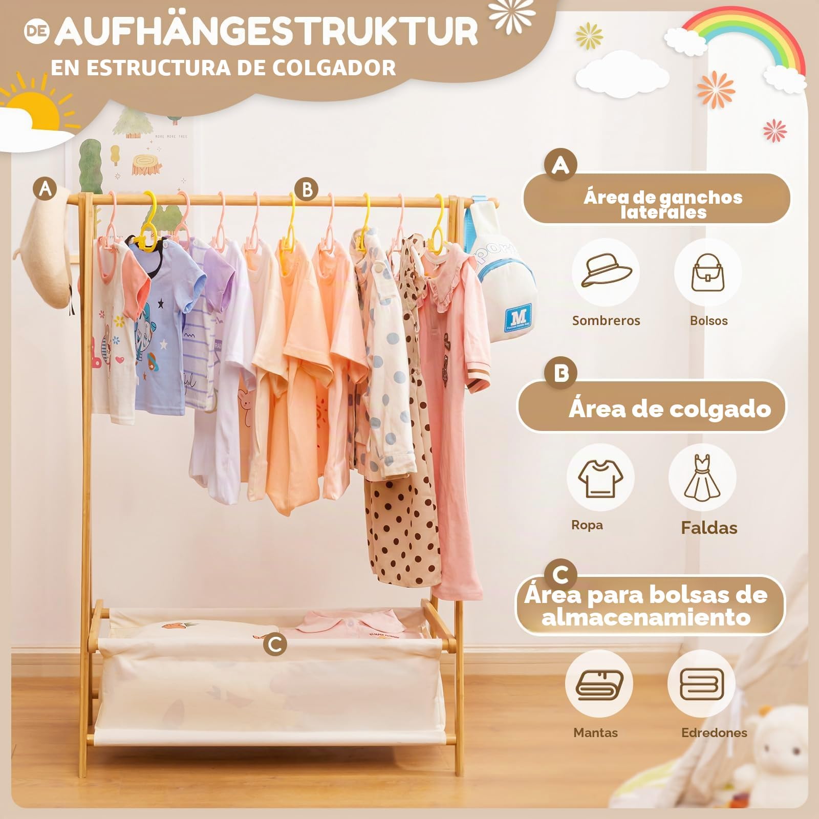Yorbay Perchero para Ropa de Niños con Caja de Almacenaje, Perchero para Vestir, Perchero para Ropa de Niños con Varillas para Colgar, Pequeño y Plegable, Bambú