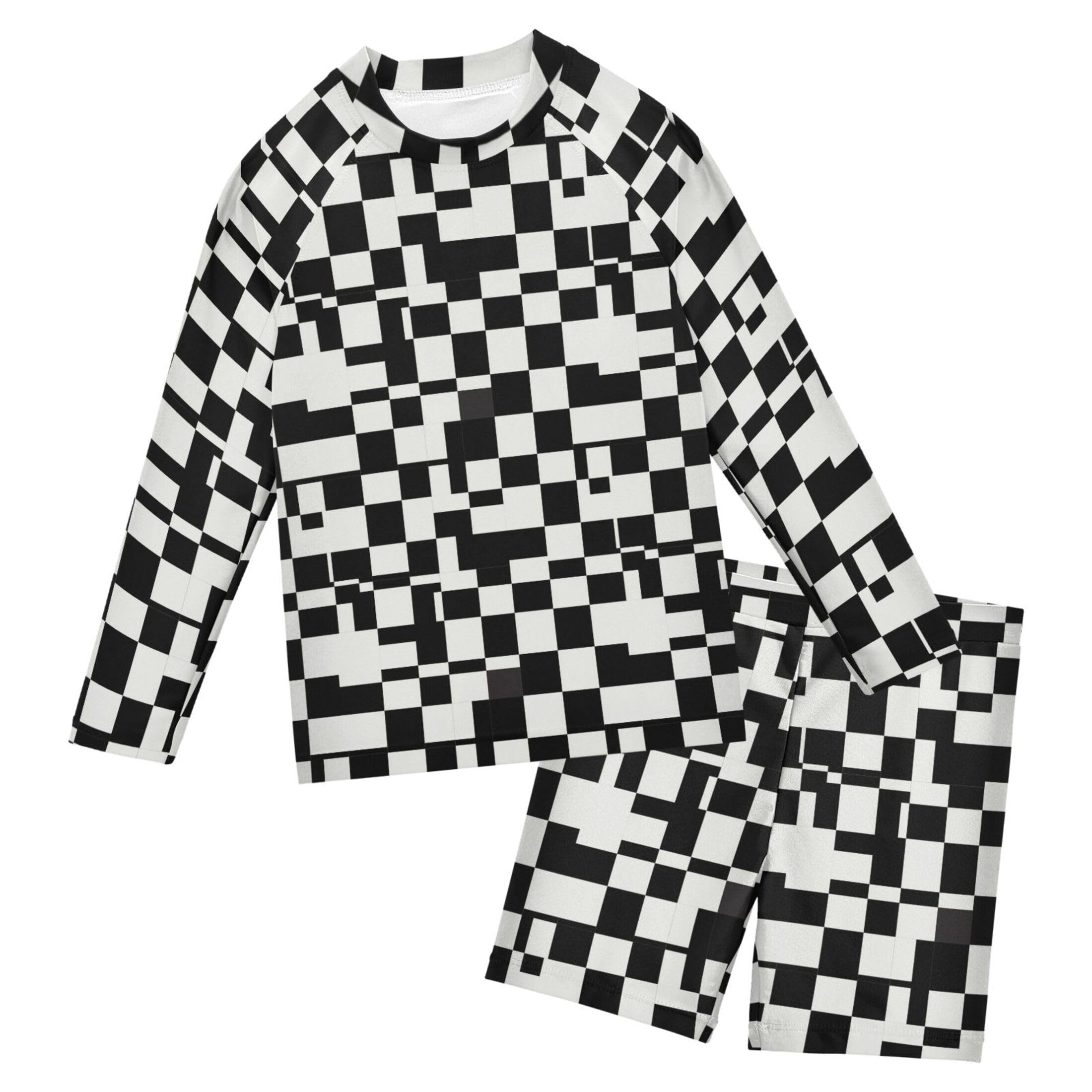 Black and White Buffalo Check Plaid Boys Rash Guard Swimsuits Set Long Sleeve Swim Shirts Bathing Suits B0403939