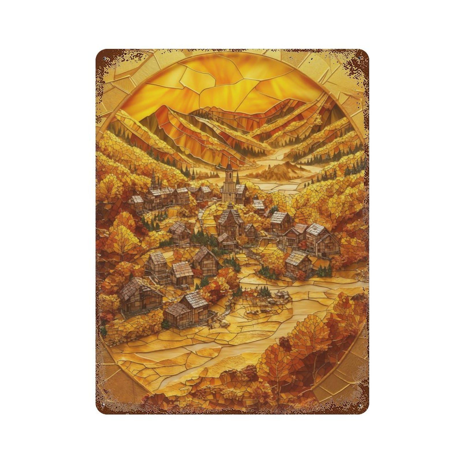 Garage Style Autumn Mosaic Village Rusty Metal Tin Sign 15.7"x11.8", Farmhouse Wall Decor for Bar And Workshop