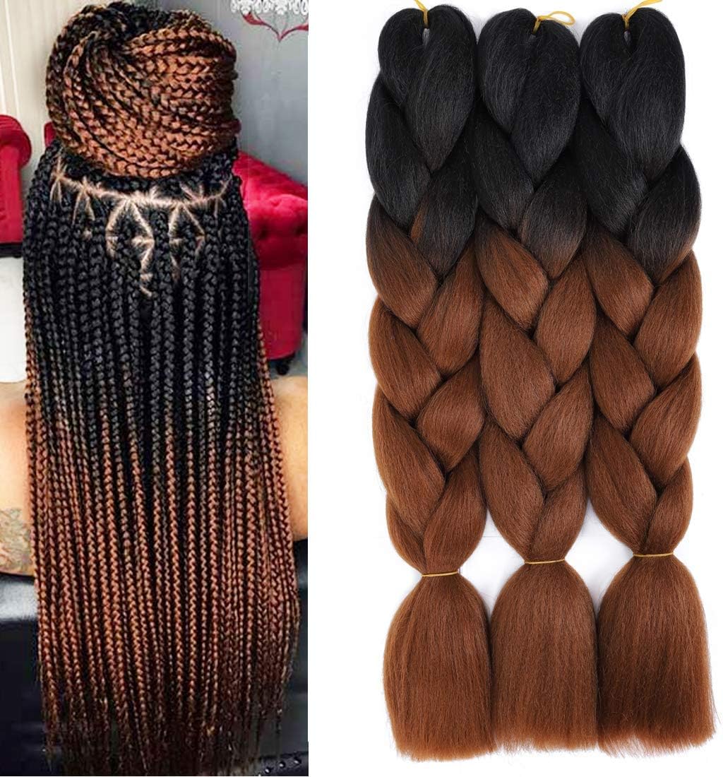 3 Pack Jumbo Braiding Hair 100% Kanekalon Jumbo Braid Hair 24 Inch Hair Extensions for Braiding (24inch(3packs), Black/Dark brown)