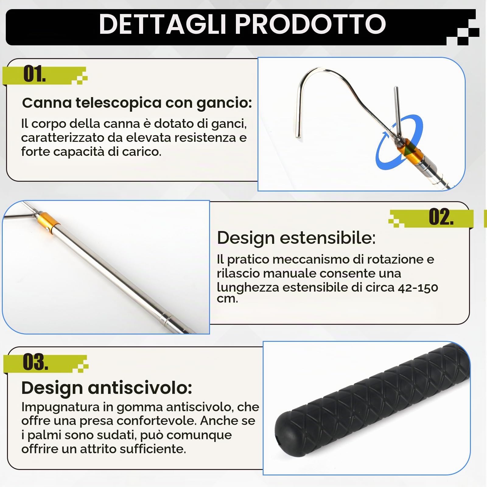 Asta Telescopica da 41 a 150 cm con Gancio in Acciaio Inox, Bastone Telescopico