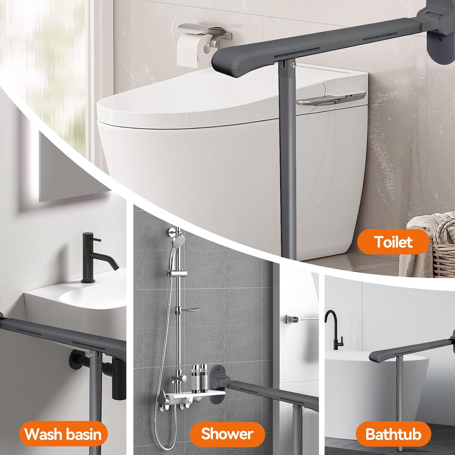 SPECILITE Heavy Duty Toilet Grab Bar - 440lb Sturdy Support, Safety Rails with Non-Slip Waterproof handrail & Night Glow Strips, Space Saving Flip-Up Design for Elderly, Disabled, Pregnant(Grey)