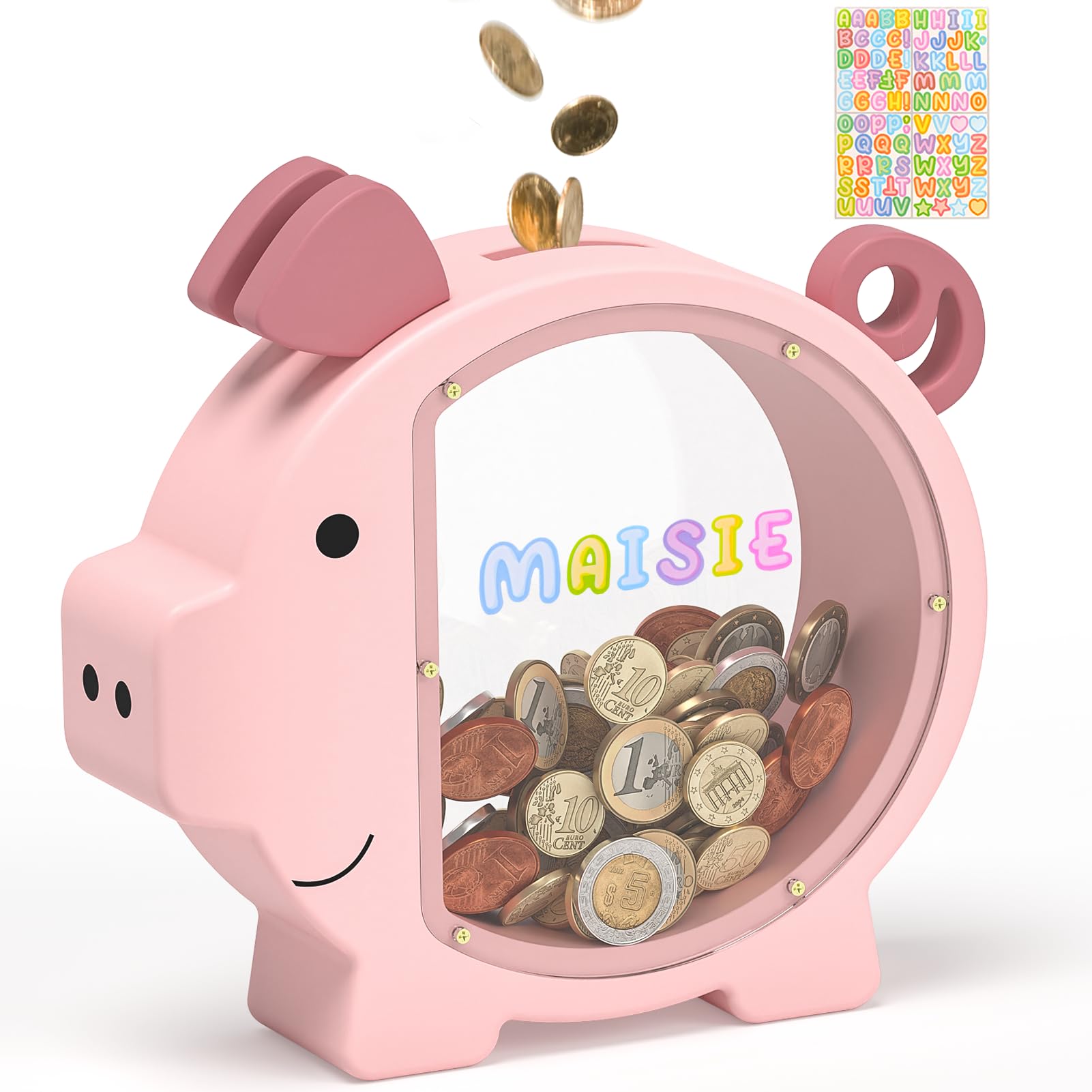 Wooden Piggy Bank for Kids Cute Money Bank for Boys and Girls Clear Wood Money Box Personalized Saving Money Jar, Creative Present for Children Birthday Chrismas & Decor (Pink, Standard)