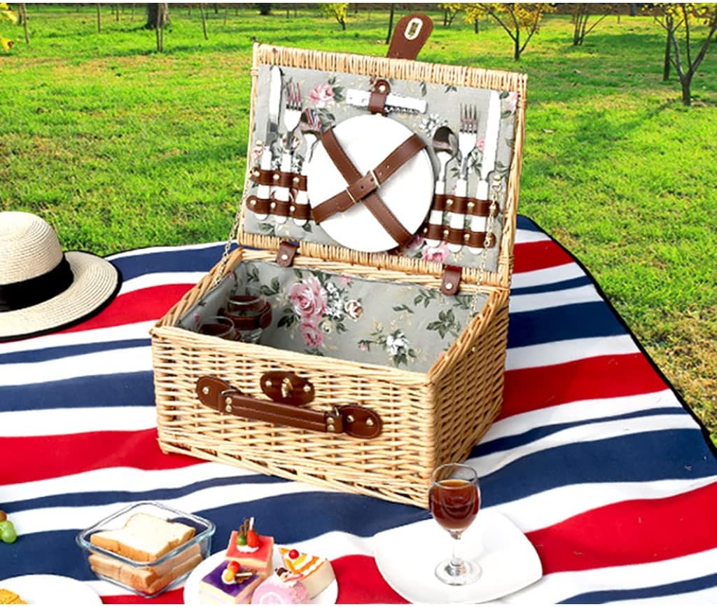 Country Style Wicker Picnic Basket,2 Person Picnic Kit,Willowr Service Gift Set,Rattan Basket with Cover,Outdoor Picnic Basket for Picnics,Parties and BBQs Picnicware