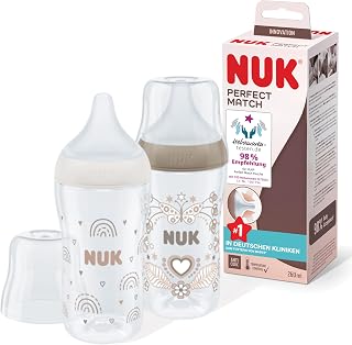 NUK Perfect Match Babyflaschenset | Ab 3 Monate | Passt sich dem Baby an | Temperature Control | Anti-Colic | 260 ml | BPA-frei | Silikontrinksauger, Medium | Regenbogen und Herz | 2 Stück