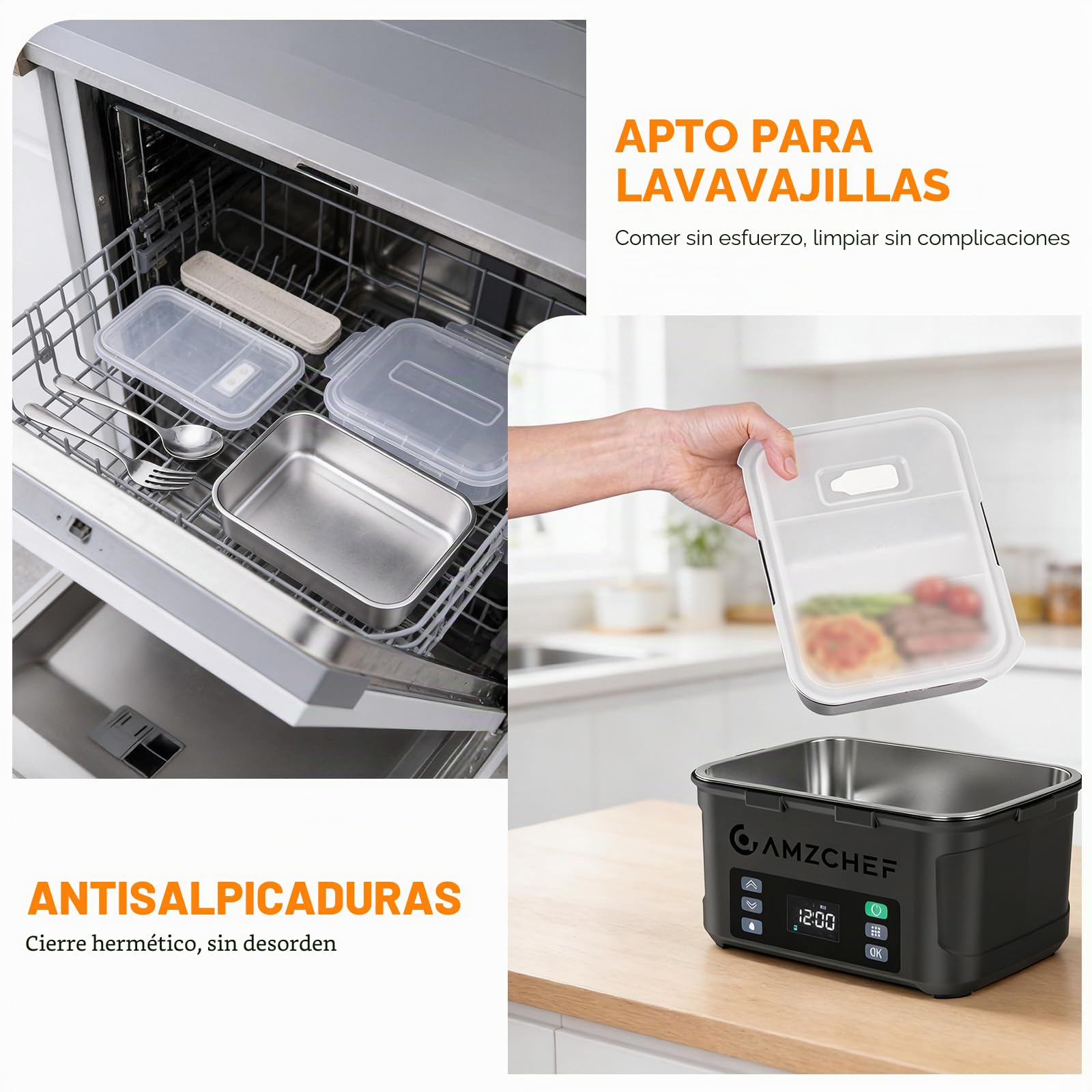 AMZCHEF Fiambrera Electrica de 1,5 L - taper electrico para comida de 27 000 mAh, calentamiento en 5 caras, función de calentamiento instantáneo, con reloj y memoria, recarga rápida (negro)