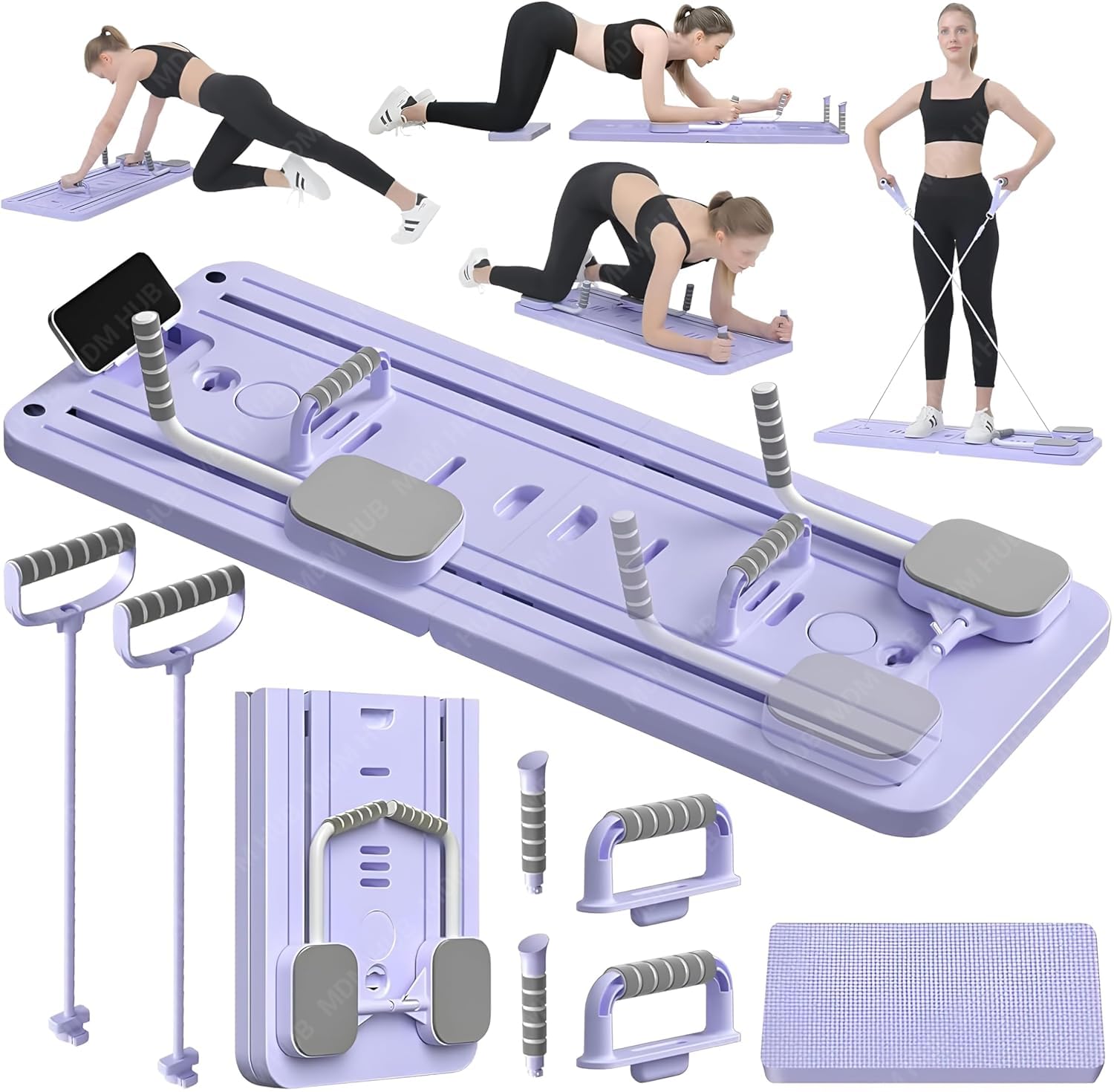 Pilates Reformer Kit, Foldable Workout Board with Resistance Bands, Push-up Supports, Grips, Knee Pad, Purple-image-22