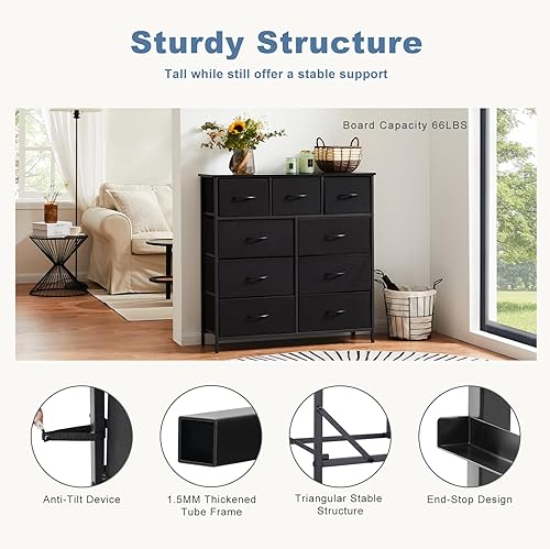 Miniatura 7 de DUMOS Cómoda para dormitorio, organizador de almacenamiento con 9 cajones, cómoda con cubos de tela, marco de metal resistente, mesa de madera para