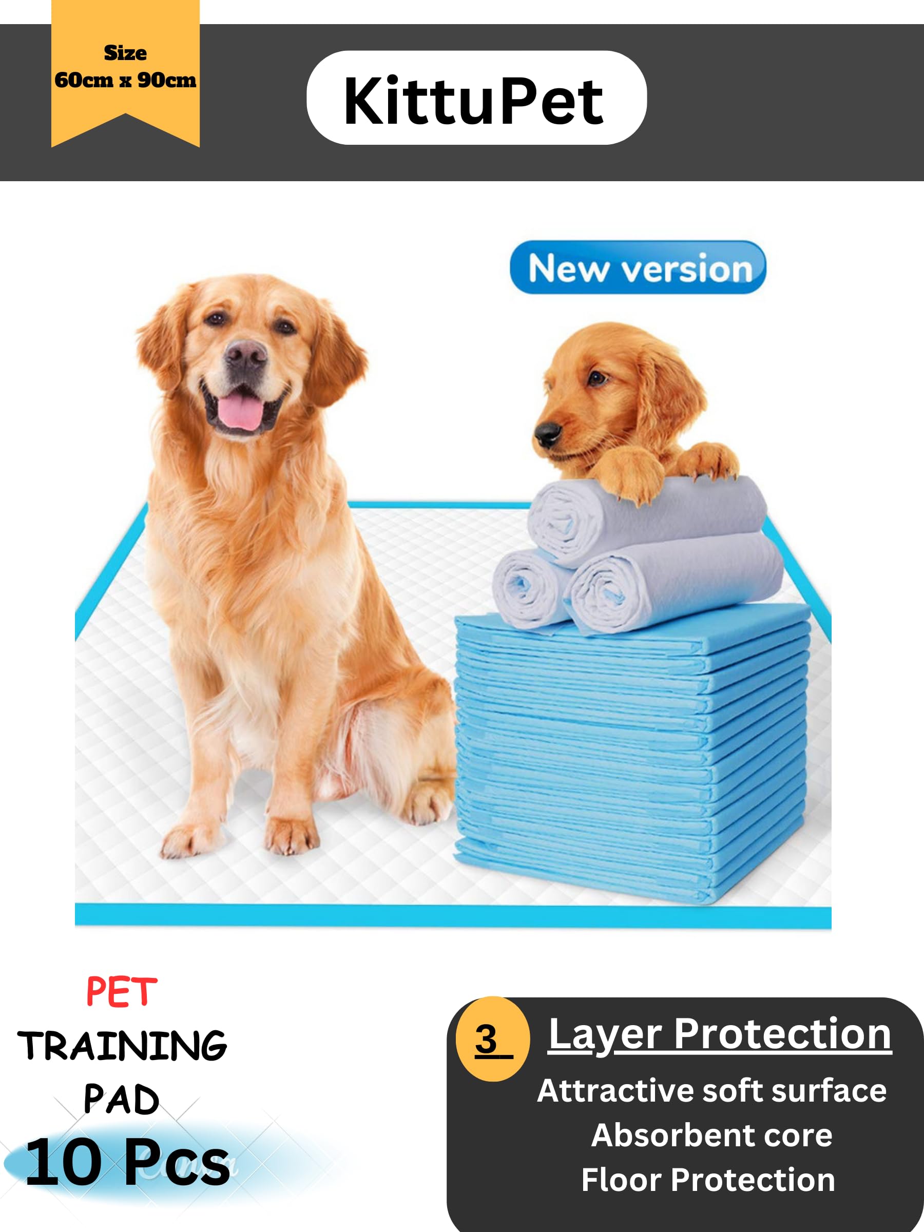 KittuPet Puppy Pee Pads 60xcm 90cm 10 Count | Dog Pee Training Pads Super Absorbent & Leak-Proof | Disposable Pet Piddle and Potty Pads for Puppies | Dogs | Doggie| Cats | Rabbits (B0CFLRNHPG) Amazon Price History, Amazon Price Tracker