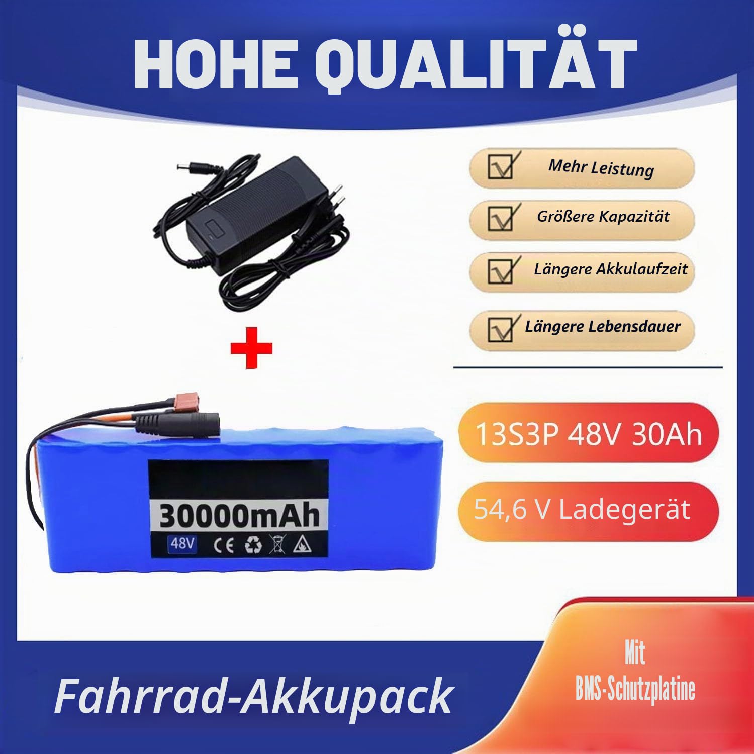 Ebike Batterie 48V 30Ah Scooter Akku Pack 13S3P Rechargeable Battery Eingebauter BMS PVC-Akku Mit Ladegerät Elektrofahrrad-Akku Für 50W-1000W Motor