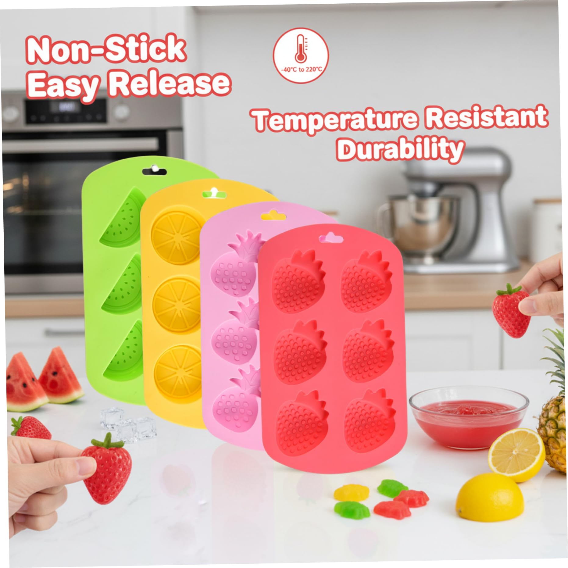 Lot de 4 moules à gommes en silicone, mignons, à bonbons, aux fruits, 6 cavités, dégagement facile, en forme de pastèque, fraise, citron, ananas, pour bricolage, gelée chocolat, collations